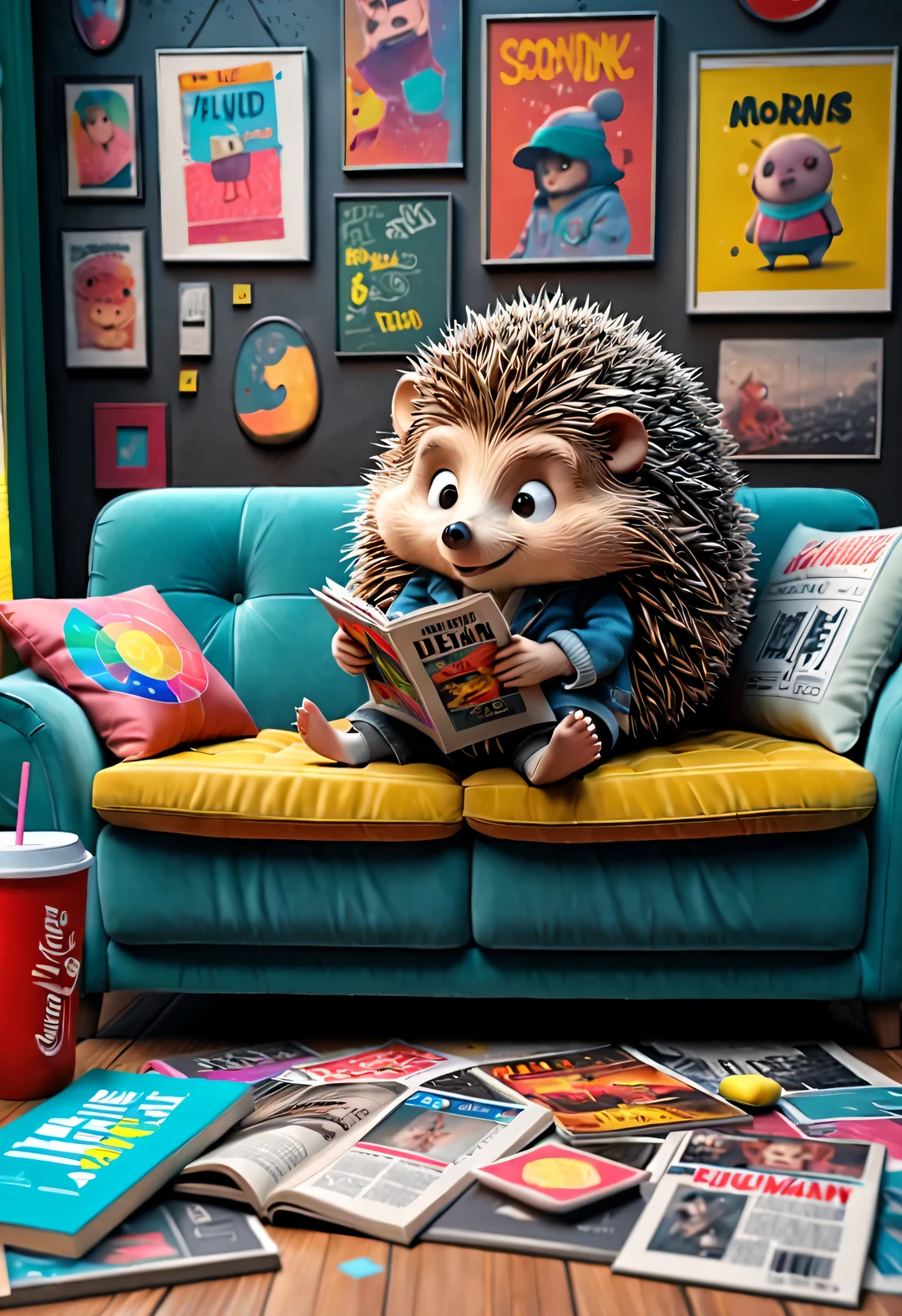 Chalkboard style, hip hop fashion style,,Chalkboard style, Cute cyborg hedgehog curled up on big fabric sofa reading newspaper, beautiful details, hip hop clothing style, Pillow, There are many snacks and colorful drink bottles on the ground, detailed details, background: Comfortable and warm living room 3D rendering, cartoon, illustration, Pixar, Japanese cartoons, ultra high definition, high quality, 32k,