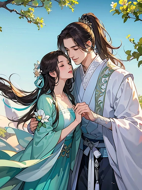 (best quality), ((masterpiece)), (highres), illustration, original, extremely detailed, licg, 1girl, 1boy, tree, long hair, closed eyes, brown hair, hair ornament, hetero, flower, blue sky, outdoors, hair flower, sky, chinese clothes, braid, smile, ponytail, day, dress, long sleeves, couple, wide sleeves, branch