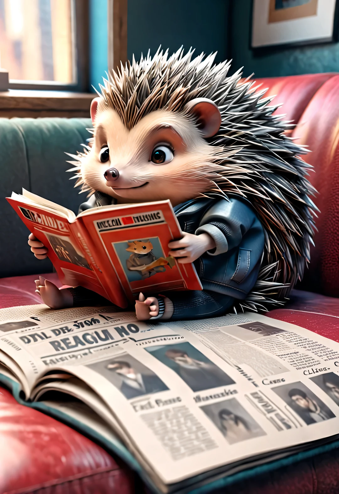 Chalkboard style, Cute cyborg hedgehog curled up on big sofa reading newspaper, beautiful details, hip hop clothing style,3d rendering, cartoon, illustration, Pixar, Japanese cartoons, ultra high definition, high quality, 32k,