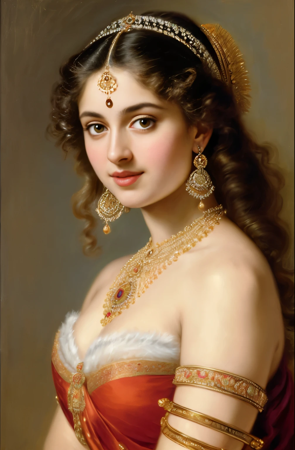 Best quality, highly detailed, masterpiece, Indian princess, Rajkanya, royal clothes, Masterpiece, extremely gorgeous woman, matchless Beauty, portrait, Peter Paul Rubens style, Woman, off shoulder bandeau crop blouse, beautifully styled hair, fluffy hair, middle ages, classicism, andrey atroshenko style, painting, long hair, styled hair, traditional media, realistic, figurative, fine art, detailed Art, oil on canvas, HDR, 8K, original character, high resolution, high detail, focus on the face, intricate, flawless, fluffy hair, Peter Paul Rubens style, By Peter Paul Rubens, sharp picture, no crown