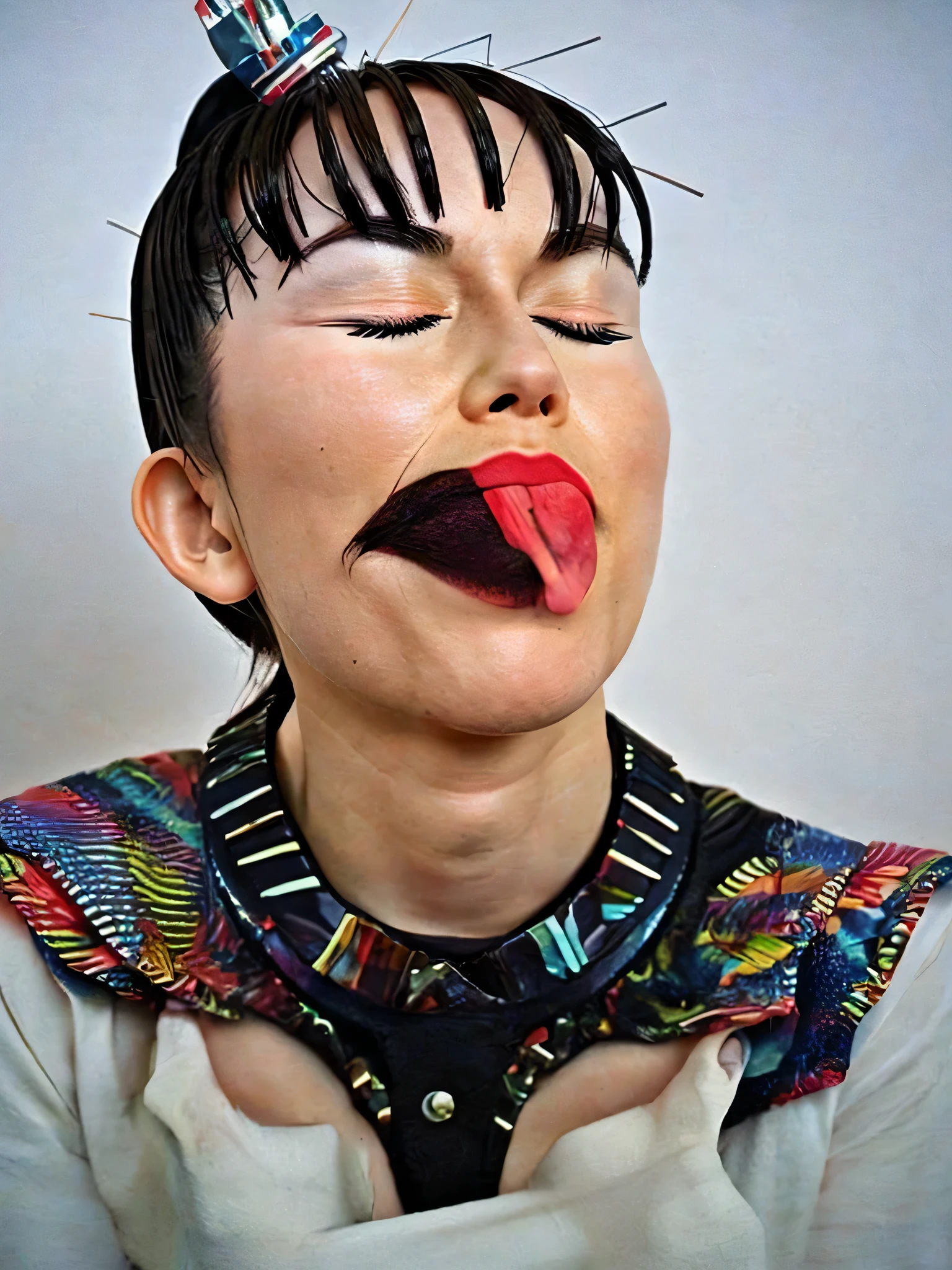 hyper-realistic people that have the mouth and eyes closed and sewn with sewing thread