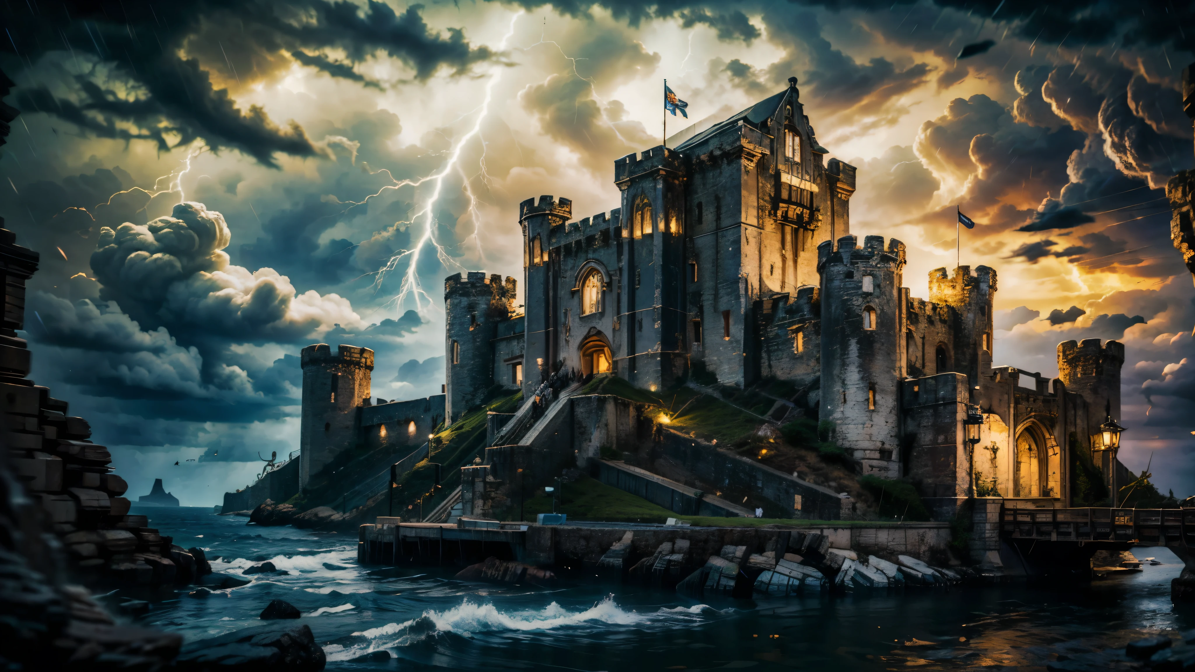 (Masterpiece, Top Quality, Best Quality,Extreamly detailed, perfect quality, dark blue and black colours, land of the storm and thunder, storm castle, medieval castle, viking architecture, asgard, dark fantasy, kingdom, epic, epic dark fantasy, thunderstorm 