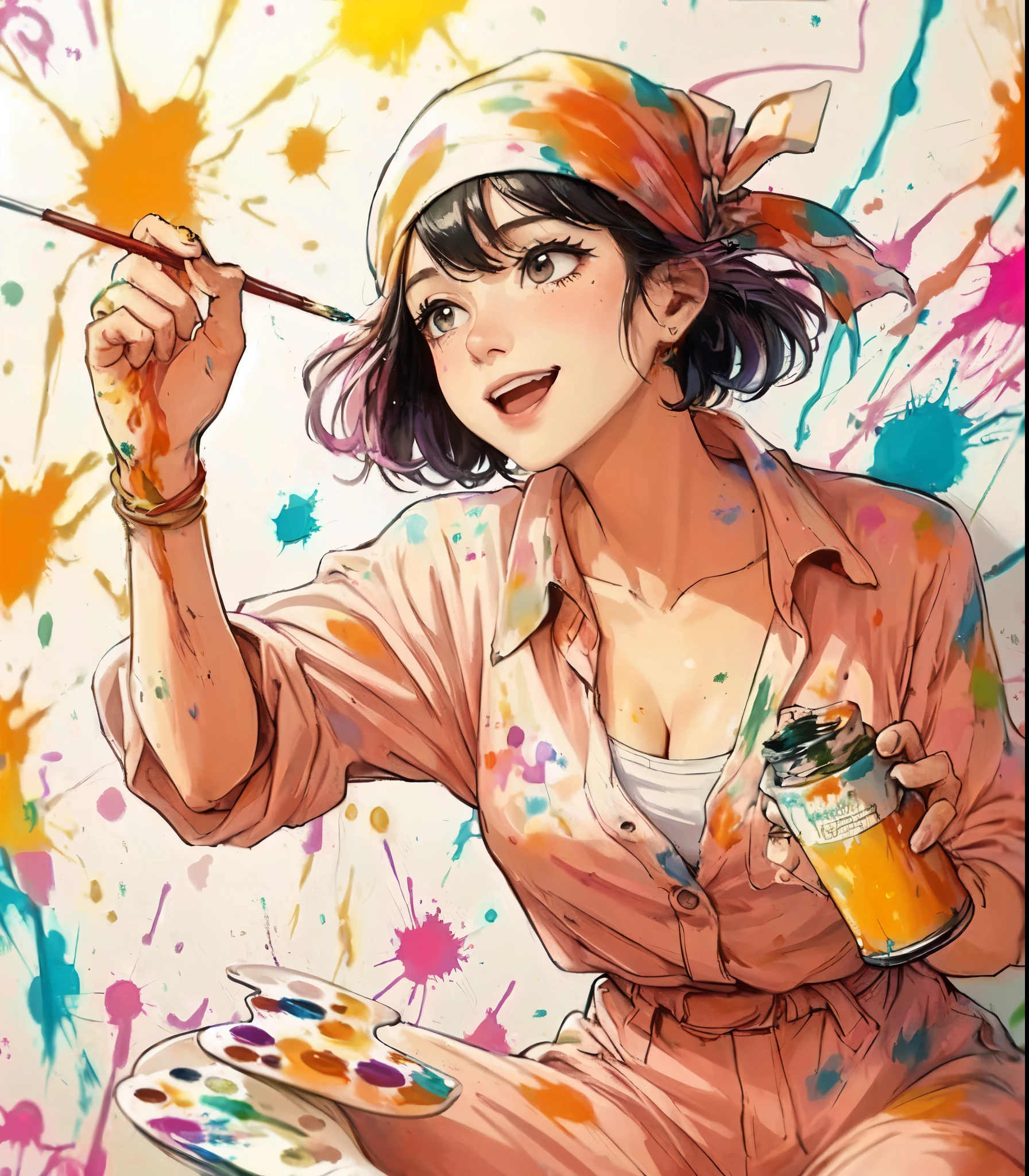 1lady solo, (painting (a spattering painting) on large white paper on the wall), (dynamic posing), (light blue jumpsuit splattered with various colors of paint) stylish, mature female, /(brown hair/) bangs (bandana:1.1), blush happy smile (energetically:1.1) teeth, (smeared with paints), (masterpiece best quality:1.2) delicate illustration ultra-detailed, large breasts BREAK (spattering painting) (ink splatter:1.1), (primary colors), (painting brush), (palette of paints) BREAK (artist's studio indoors), (ink splatter)