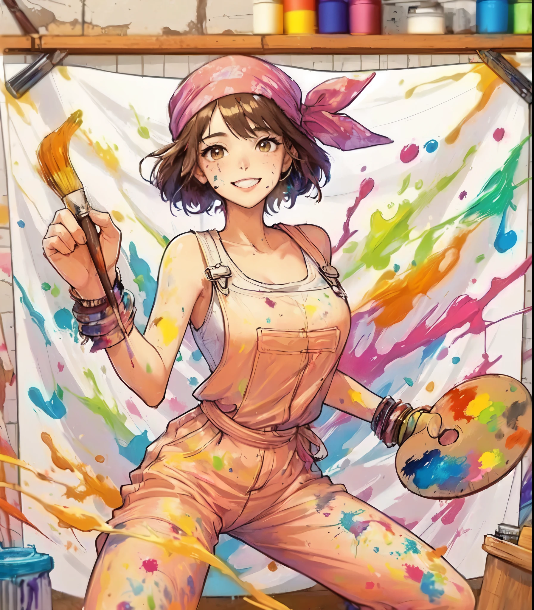 1lady solo, (painting (a spattering painting) on large white paper on the wall), (dynamic posing), (light blue jumpsuit splattered with various colors of paint) stylish, mature female, /(brown hair/) bangs (bandana:1.1), blush happy smile (energetically:1.1) teeth, (smeared with paints), (masterpiece best quality:1.2) delicate illustration ultra-detailed, large breasts BREAK (spattering painting) (ink splatter:1.1), (primary colors), (painting brush), (palette of paints) BREAK (artist's studio indoors), (ink splatter)