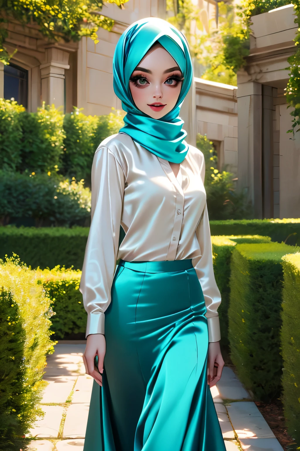 (Masterpiece, realistic), best quality, best lighting, 1 girl photo solo, beautifully makeup, eyeshadow, Parted Lips, Detailed Eyes, beautiful big eyes, long eye lashes, smile, wearing ((Aqua satin headscarf)), loosely tide hijab style, ((Taupe satin shirt)), satin long skirt, walking in the garden, side view