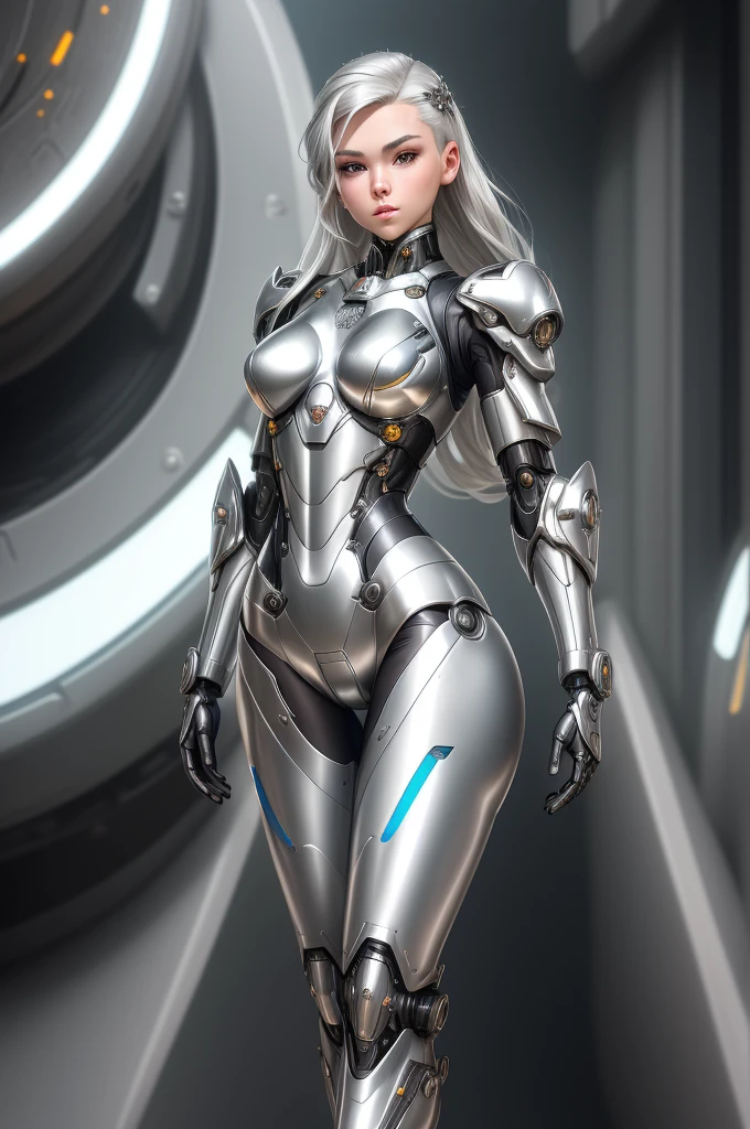 silver garment，tights，woman，Perfect body，Detail showcased，sexy，Fantasy，magic，Metal streamlined mecha，Streamlined machinery，Humanity，jumpsuit，Streamlined cyberpunk style，highest detail，Futurism，perfect girl，cute cyborg girl，Cyborg-silver-haired girl，beautiful women，Girl in mecha armor，HD，high quality， best quality ,
