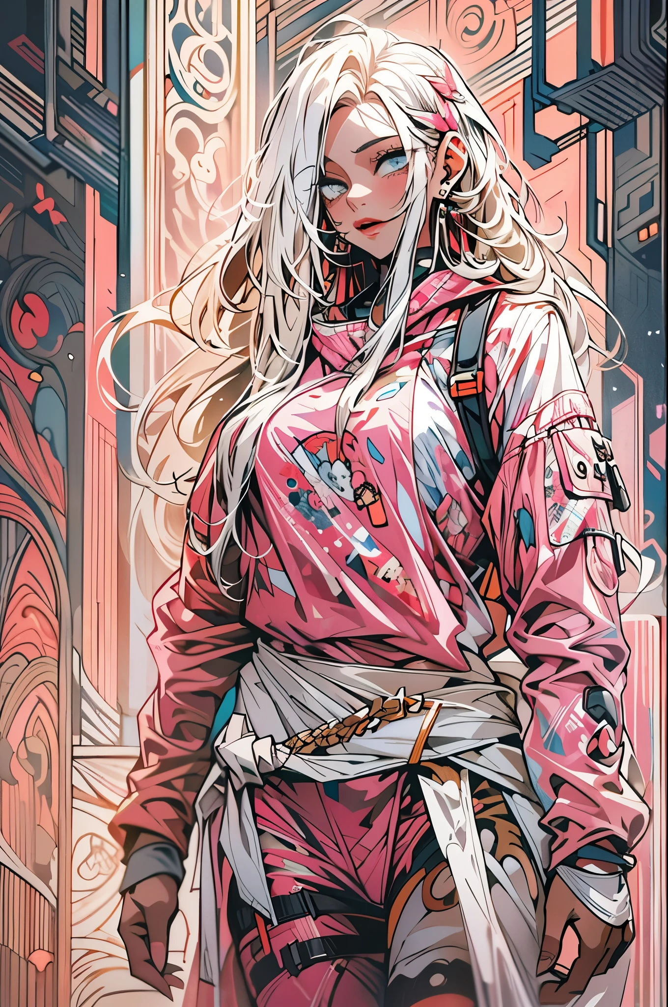 1monk warrior girl with pink techwear clothes, white long hair, laces, abstract vintage scifi background