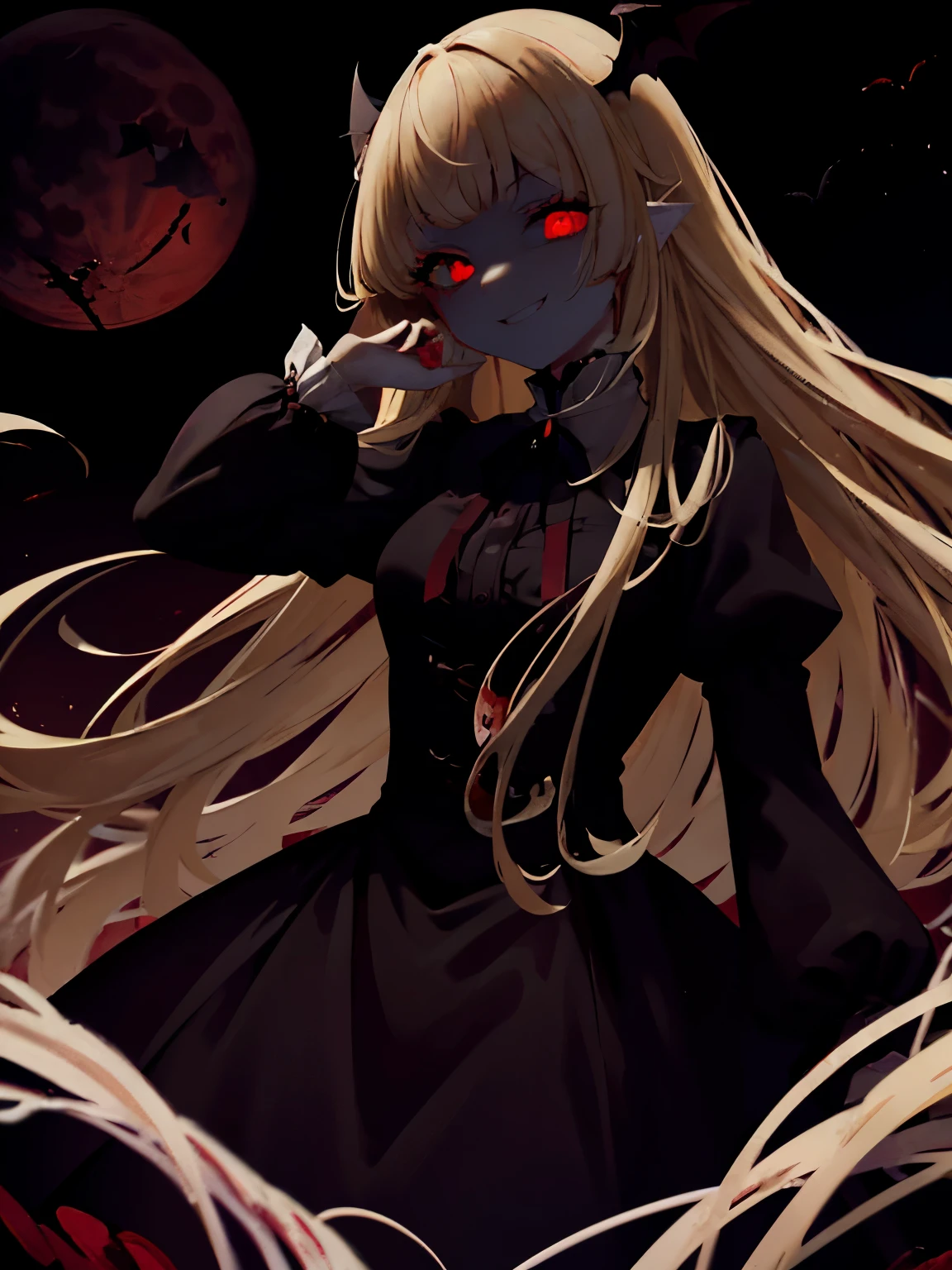 吸Blood鬼の大人の女性、big bat wings、Bats around、big red moon behind、Big castle、gothic ta clothes、very long blonde hair、highest quality、masterpiece、1 female、Alone,red eyes、red glowing eyes、Blood、Blood痕、smile