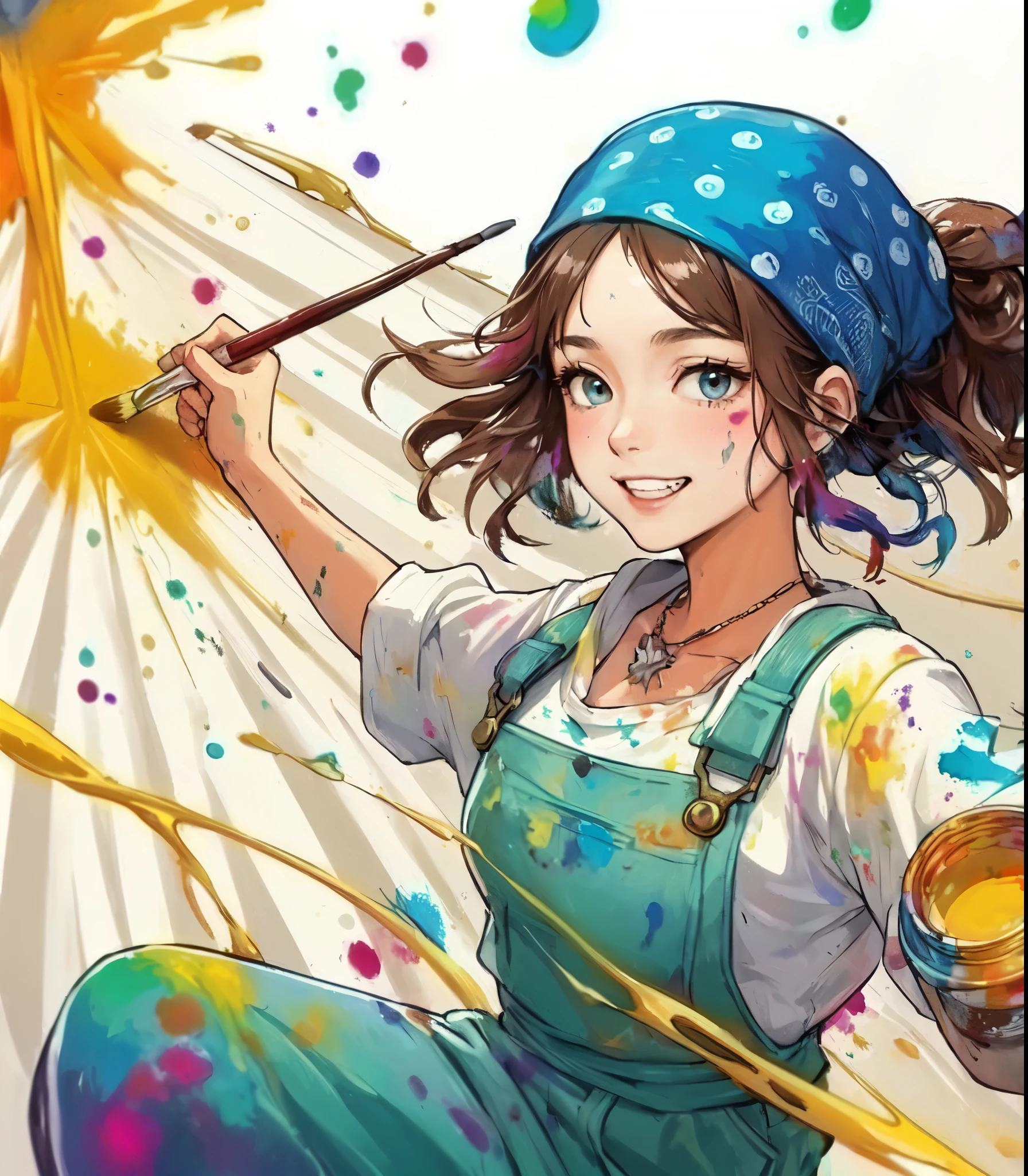 1lady solo, (painting (a spattering painting) on large white paper on the wall), (dynamic posing), (light blue jumpsuit splattered with various colors of paint) stylish, mature female, /(brown hair/) bangs (bandana:1.1), blush happy smile (energetically:1.1) teeth, (smeared with paints), (masterpiece best quality:1.2) delicate illustration ultra-detailed, large breasts BREAK (spattering painting) (ink splatter:1.1), (primary colors), (painting brush), (palette of paints) BREAK (artist's studio indoors), (ink splatter)