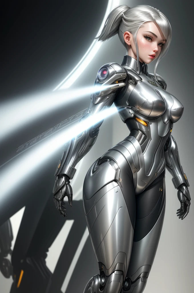 silver garment，tights，woman，Perfect body，Detail showcased，sexy，Fantasy，magic，Metal streamlined mecha，Streamlined machinery，Humanity，jumpsuit，Streamlined cyberpunk style，highest detail，Futurism，perfect girl，cute cyborg girl，Cyborg-silver-haired girl，beautiful women，Girl in mecha armor，HD，high quality， best quality ,