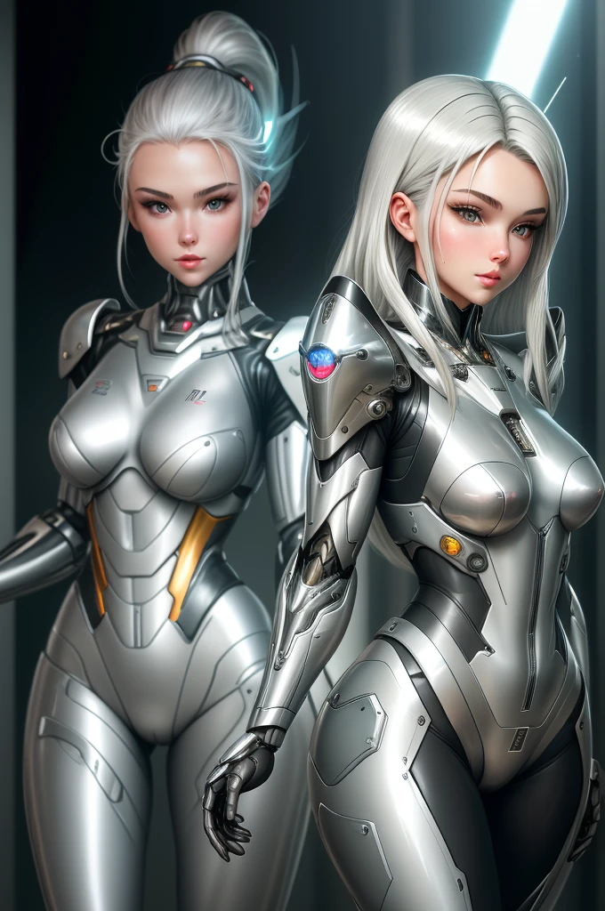 silver garment,tights,woman,Perfect body,Detail showcased,sexy,Fantasy,magic,Metal streamlined mecha,Streamlined machinery,Humanity,jumpsuit,Streamlined cyberpunk style,highest detail,Futurism,perfect girl,cute cyborg girl,Cyborg-silver-haired girl,beautiful women,Girl in mecha armor,HD,high quality, best quality ,