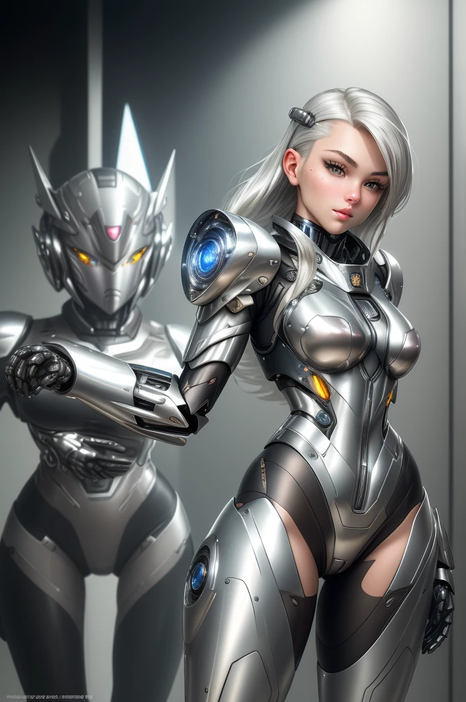 silver garment,tights,woman,Perfect body,Detail showcased,sexy,Fantasy,magic,Metal streamlined mecha,Streamlined machinery,Humanity,jumpsuit,Streamlined cyberpunk style,highest detail,Futurism,perfect girl,cute cyborg girl,Cyborg-silver-haired girl,beautiful women,Girl in mecha armor,HD,high quality, best quality ,
