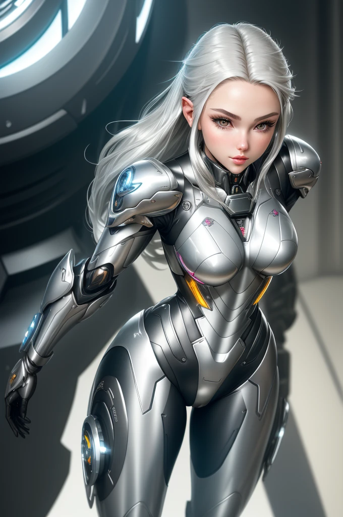 silver garment，tights，woman，Perfect body，Detail showcased，sexy，Fantasy，magic，Metal streamlined mecha，Streamlined machinery，Humanity，jumpsuit，Streamlined cyberpunk style，highest detail，Futurism，perfect girl，cute cyborg girl，Cyborg-silver-haired girl，beautiful women，Girl in mecha armor，HD，high quality， best quality ,