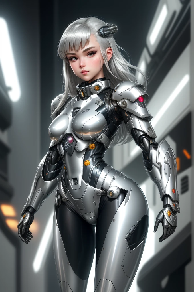 silver garment,tights,woman,Perfect body,Detail showcased,sexy,Fantasy,magic,Metal streamlined mecha,Streamlined machinery,Humanity,jumpsuit,Streamlined cyberpunk style,highest detail,Futurism,perfect girl,cute cyborg girl,Cyborg-silver-haired girl,beautiful women,Girl in mecha armor,HD,high quality, best quality ,
