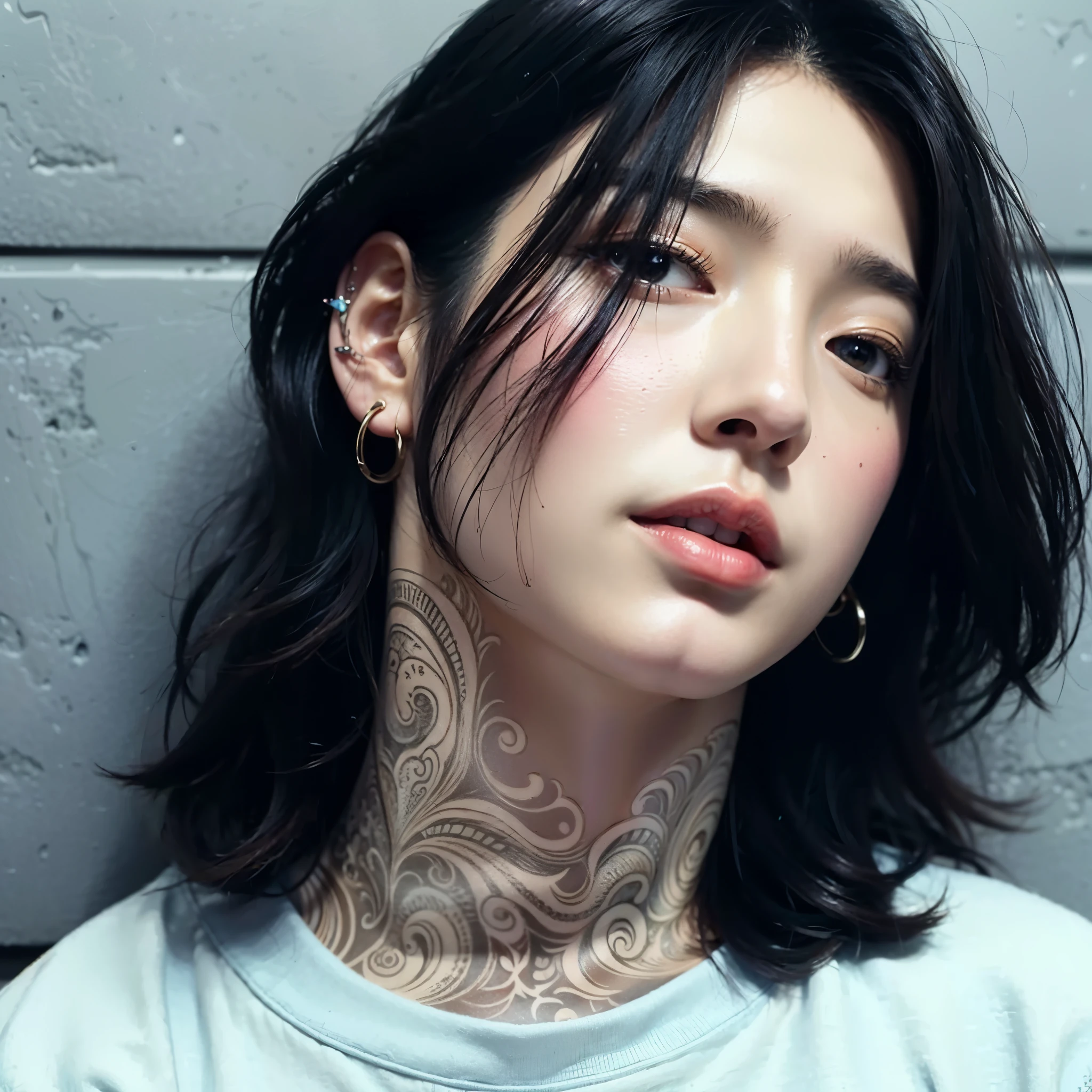 A closeup of a woman with a tattoo on her neck, retrato de alta qualidade, inspirado em jeonseok lee, Jinyoung Shin, hyperrealism art style, estilo hiper realista, fotorrealista!!!!!!! Estilo de arte, com tatuagem facial, inspirado em Yanjun Cheng, estilo de arte realista, estilo de realismo de anime, realism art style, inspirado em Gang Se-hwang, cai xukun