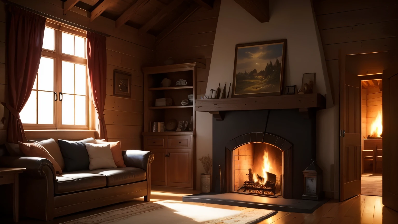 masterpiece, best quality, It's dark outside the window,  fire is burning in the fireplace, wooden house