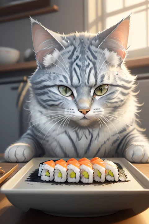 close-up photography of (grey tabby cat is preparing sushi on the table:1.2), (c4ttitude:1.3), in glasstech kitchen, hyper realistic, intricate detail, (foggy:1.1), pov from below