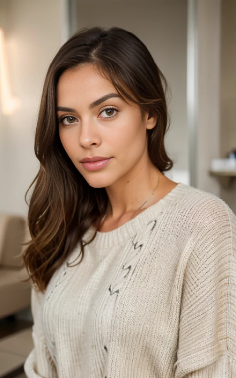 Beautiful brunette in a light beige sweater (nail care in a modern beauty salon), very detailed, 38 years, innocent face, oval, natural wavy hair, Brown eyes, a high resolution, masterpiece, Best quality, complex parts, very detailed, Sharp Focus, Detailed skin, realistic skin texture, texture, Detailed eyes, professional, 4K, Charming smile, shot on Canon, 85 mm, Shallow depth of field, Kodak Vision Color, perfectly toned body, extremely detailed, photor_\(ultra\), photorealistic, Realistic, Treatment after, Maximum details, roughness, real life, ultra realist, photorealism, photo, 8k contract, photo
