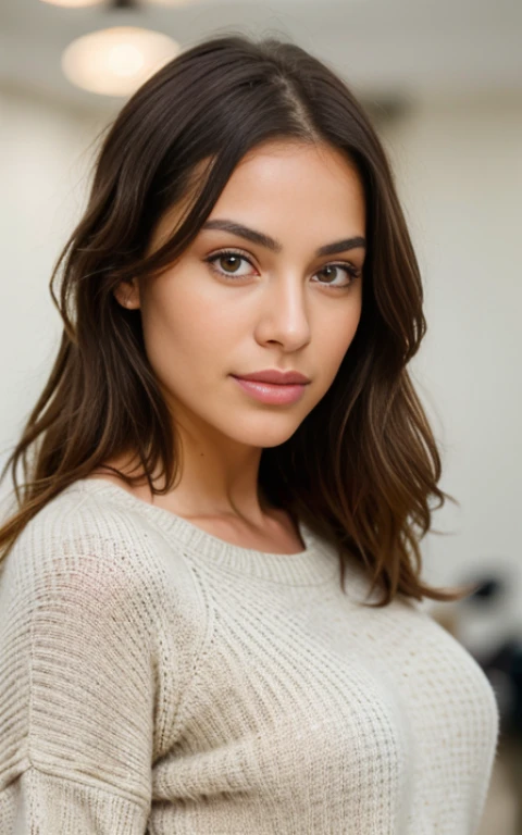 Beautiful brunette in a light beige sweater (nail care in a modern beauty salon), very detailed, 38 years, innocent face, oval, natural wavy hair, Brown eyes, a high resolution, masterpiece, Best quality, complex parts, very detailed, Sharp Focus, Detailed skin, realistic skin texture, texture, Detailed eyes, professional, 4K, Charming smile, shot on Canon, 85 mm, Shallow depth of field, Kodak Vision Color, perfectly toned body, extremely detailed, photor_\(ultra\), photorealistic, Realistic, Treatment after, Maximum details, roughness, real life, ultra realist, photorealism, photo, 8k contract, photo
