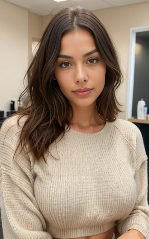 Beautiful brunette in a light beige sweater (nail care in a modern beauty salon), very detailed, 38 years, innocent face, oval, natural wavy hair, Brown eyes, a high resolution, masterpiece, Best quality, complex parts, very detailed, Sharp Focus, Detailed skin, realistic skin texture, texture, Detailed eyes, professional, 4K, Charming smile, shot on Canon, 85 mm, Shallow depth of field, Kodak Vision Color, perfectly toned body, extremely detailed, photor_\(ultra\), photorealistic, Realistic, Treatment after, Maximum details, roughness, real life, ultra realist, photorealism, photo, 8k contract, photo