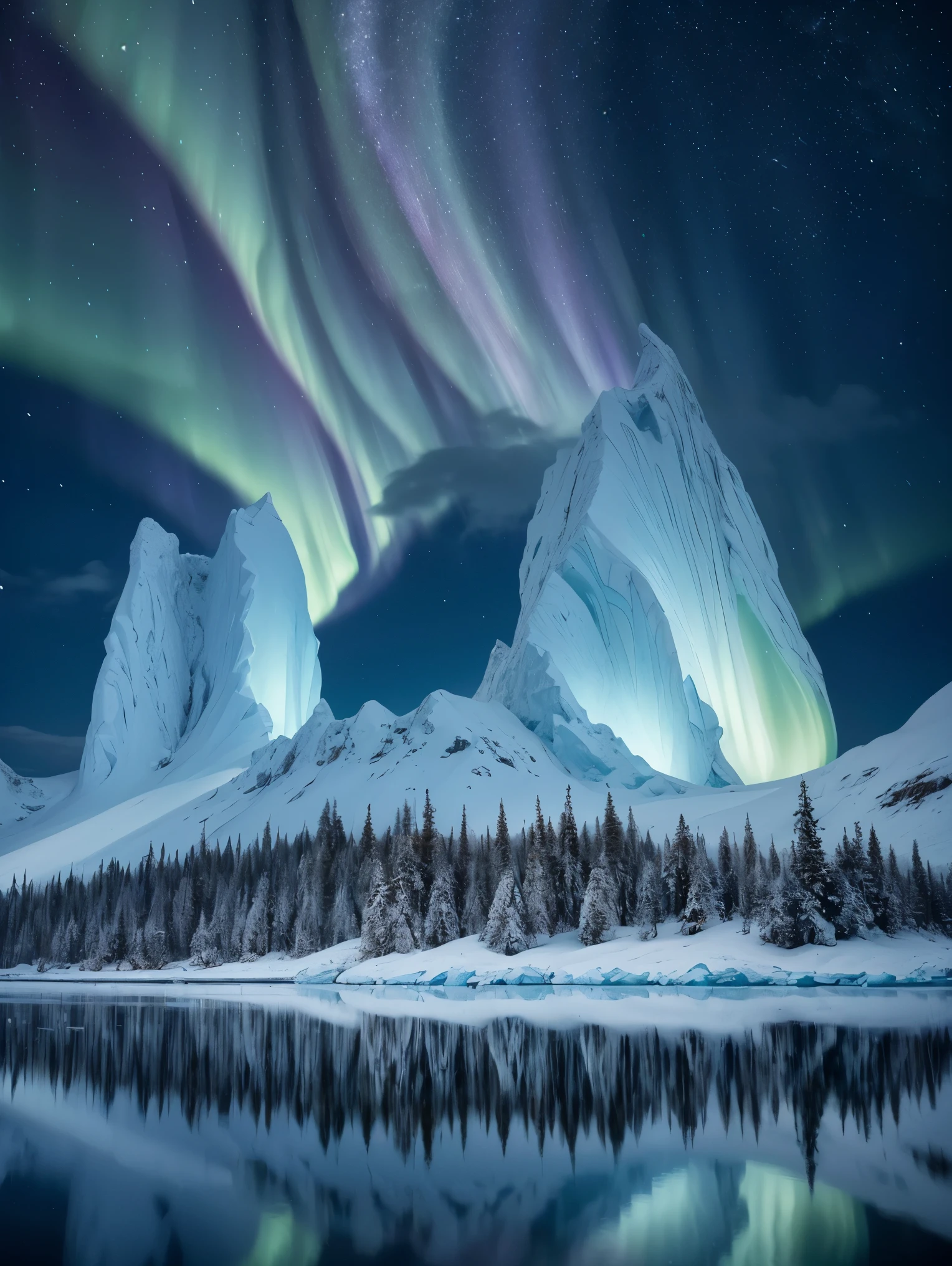 (.An ultra secret scientific base:1.2) located in An exquisite arctic landscape painted in various shades of ethereal blue, showcasing the untouched beauty of icy, and an expansive frozen forest stretching as far as the eye can see. A landscape with feminine curves. Mounds reminiscent of the
the shape of generous breasts. The serene atmosphere is intensified by the soft glow of the moon reflecting off the crystalline ice, creating a captivating tableau of pure tranquility and awe-inspiring natural wonders. Northern lights. National geographic style. Masterpiece. UHD.