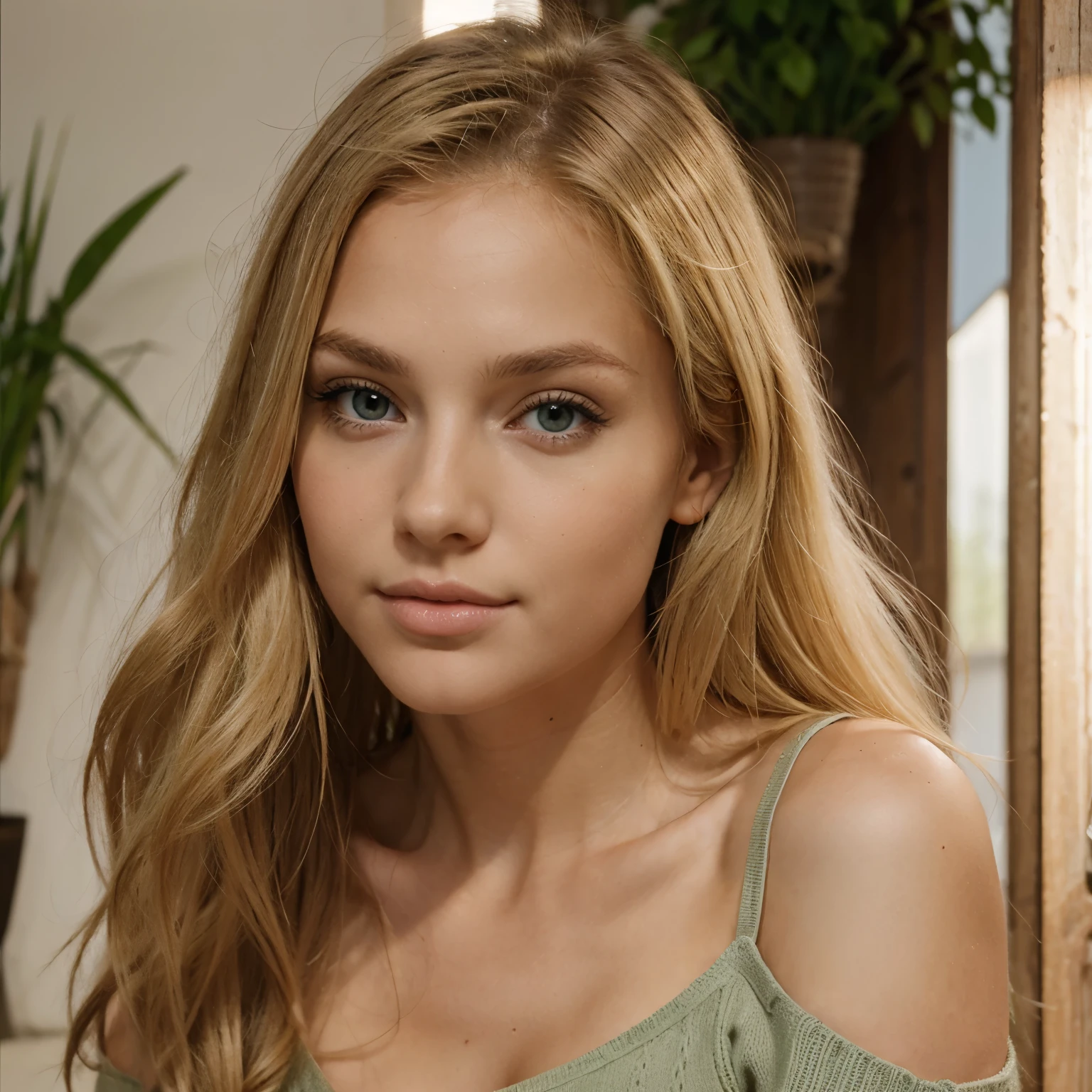 Femme sexy blonde avec yeux verts à quatre patte qui regarde en face