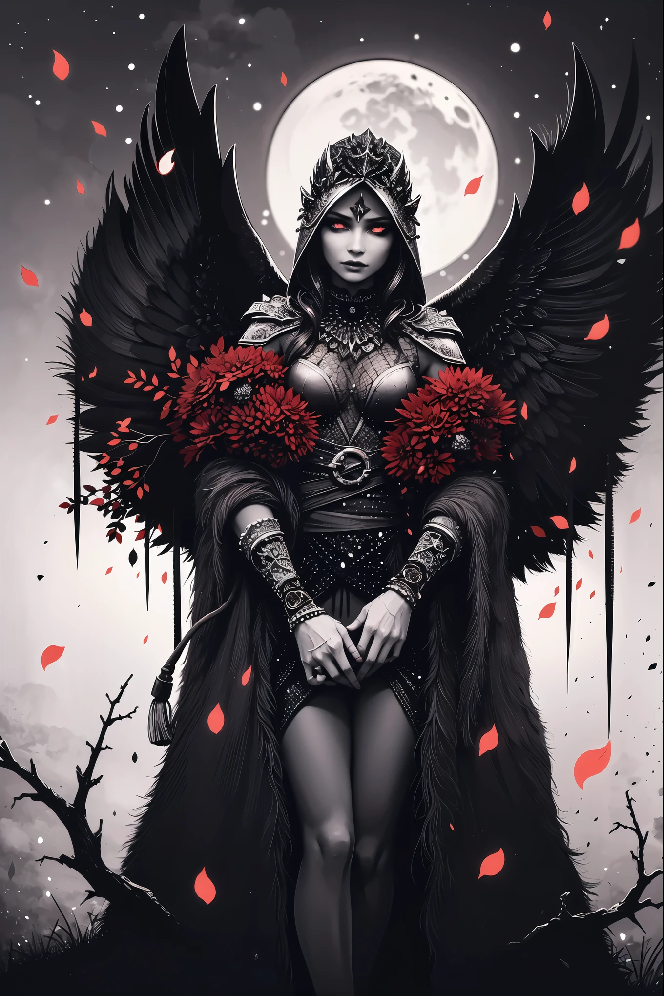 (best quality,4k,8k,highres,masterpiece:1.2),ultra-detailed, warlock, glowing yellow eyes, skulls, stars, celestial signs, thorns, standing in a casting pose, holding both hands with pitch black orbs