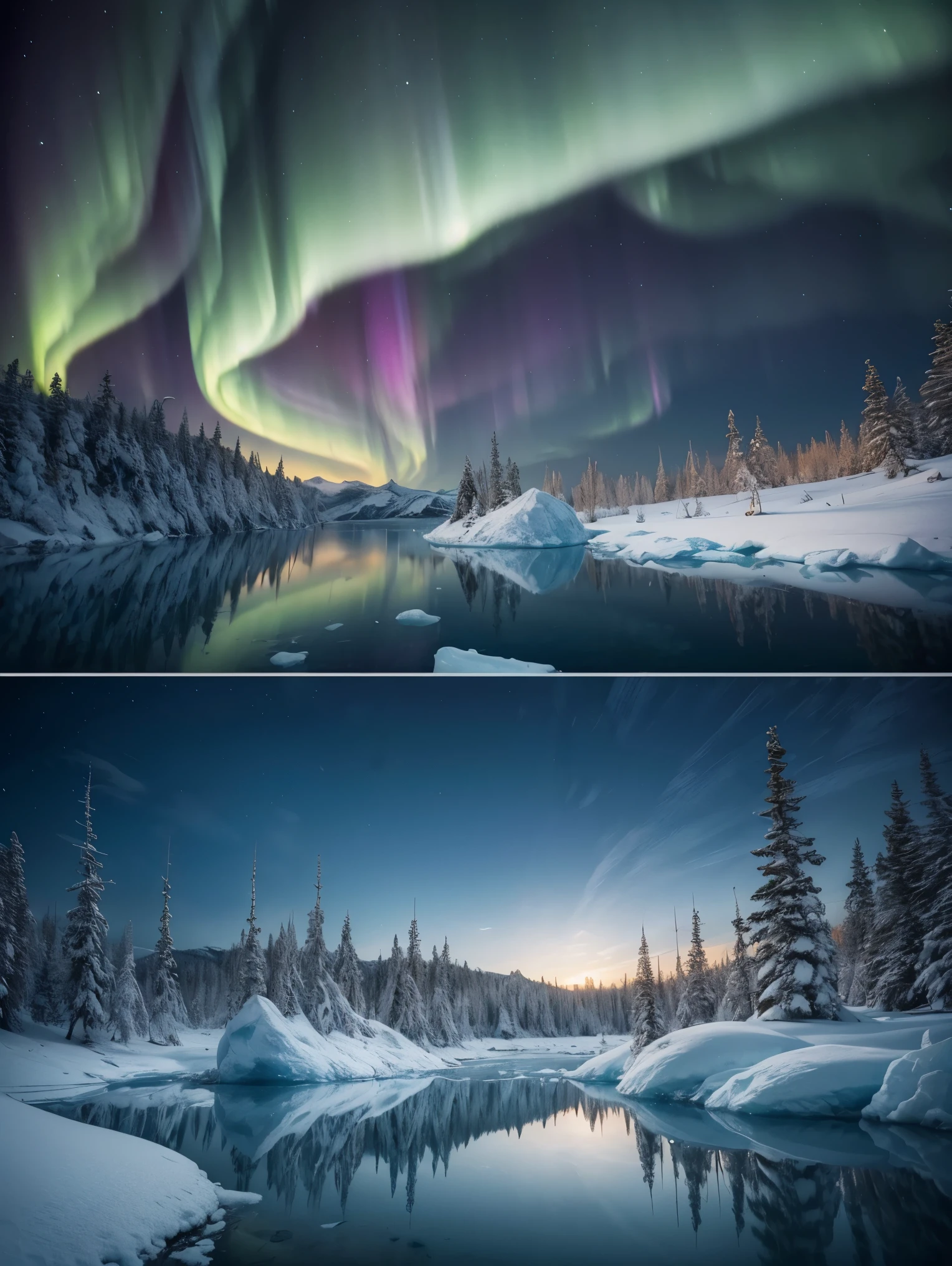 An ultra secret scientific base in An exquisite arctic landscape painted in various shades of ethereal blue, showcasing the untouched beauty of icy, and an expansive frozen forest stretching as far as the eye can see. A landscape with feminine curves. Mounds reminiscent of the
the shape of generous breasts. The serene atmosphere is intensified by the soft glow of the moon reflecting off the crystalline ice, creating a captivating tableau of pure tranquility and awe-inspiring natural wonders. Northern lights. National geographic style. Masterpiece. UHD.