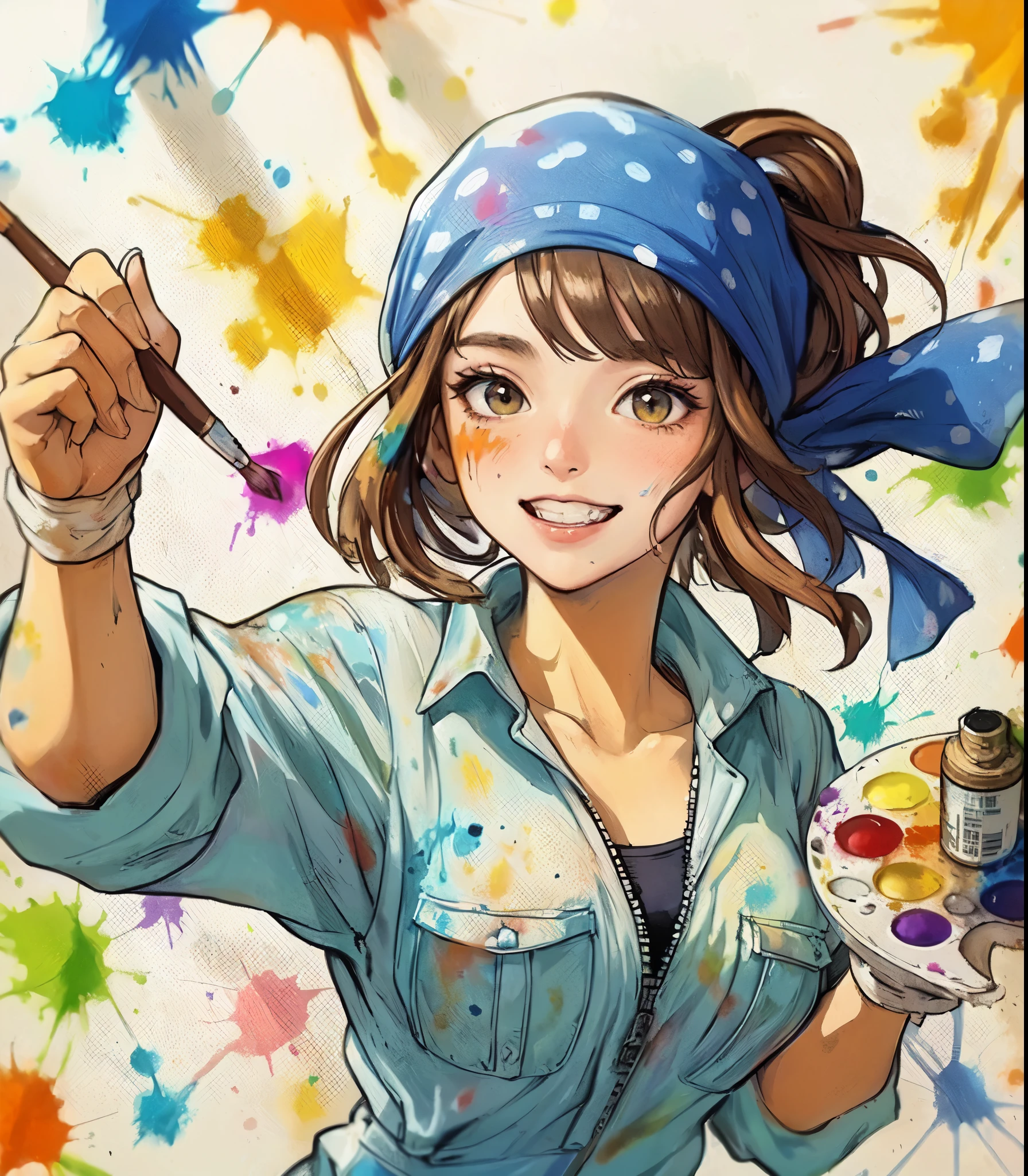 1lady solo, (painting (a spattering painting) on large white paper on the wall), (dynamic posing), (light blue jumpsuit splattered with various colors of paint) stylish, mature female, /(brown hair/) bangs (bandana:1.1), blush happy smile (energetically:1.1) teeth, (smeared with paints), (masterpiece best quality:1.2) delicate illustration ultra-detailed, large breasts BREAK (spattering painting) (ink splatter:1.1), (primary colors), (painting brush), (palette of paints) BREAK (artist's studio indoors), (ink splatter)