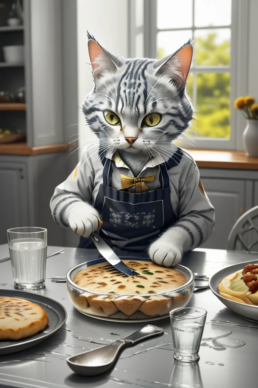 Close-up photo (Gray tabby cat preparing food on table:1.2), (c4ttitude:1.3), in glasstech kitchen,Knife in hand,Surreal and intricate details, (nebulous:1.1), Baixiao perspective