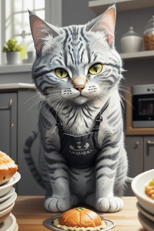 Close-up photo (Gray tabby cat preparing food on table:1.2), (c4ttitude:1.3), in glasstech kitchen,Knife in hand,Surreal and intricate details, (nebulous:1.1), Baixiao perspective