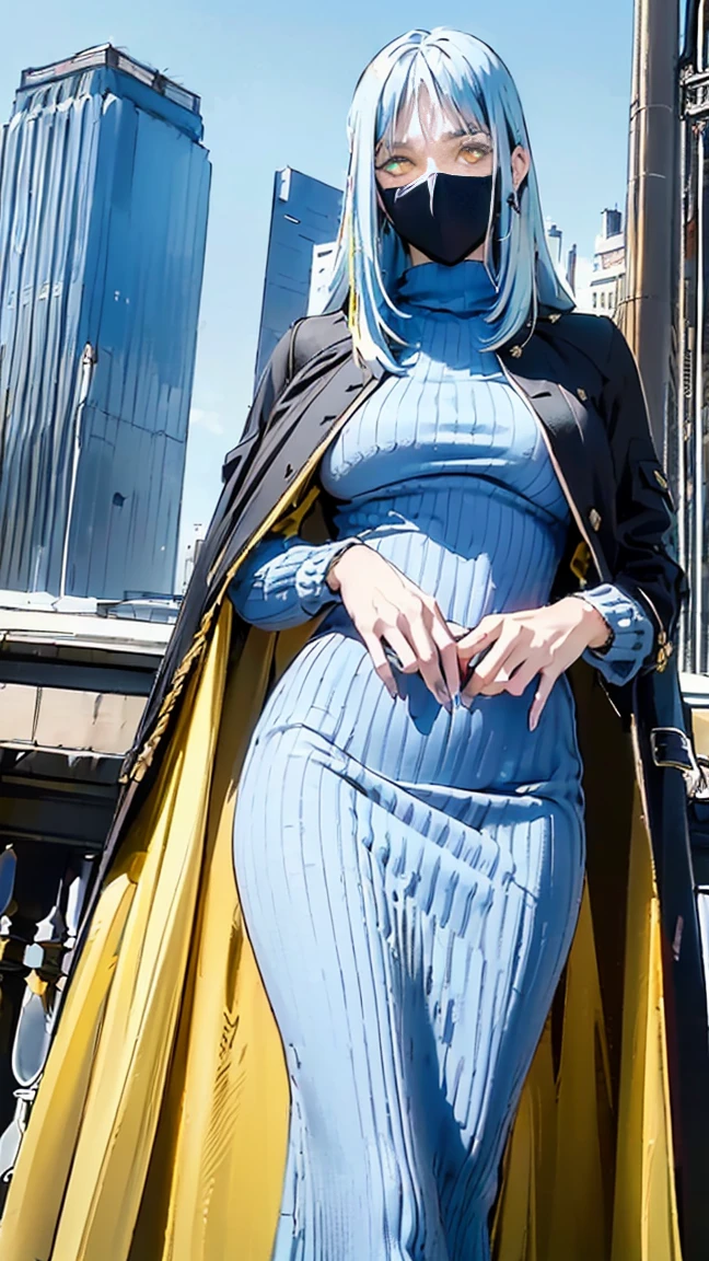 masterpiece, highest quality,(realistic: 1.4),ultra high resolution, unity 8k, (yellow eyes:1.3),symmetry, highly detailed face, perfect lighting, (perfect hands, perfect anatomy), (city background:1.3), ((black maxi knit dress:1.4, gown coat:1.3)), big breasts, thin waist, big ass, (light blue hair, long hair:1.5)