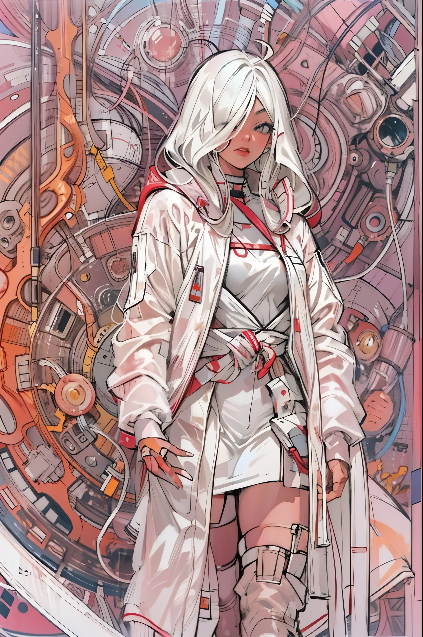 1monk warrior girl with white techwear clothes, white long hair, laces, abstract vintage scifi background, art by Moebius, art by Ashley Wood