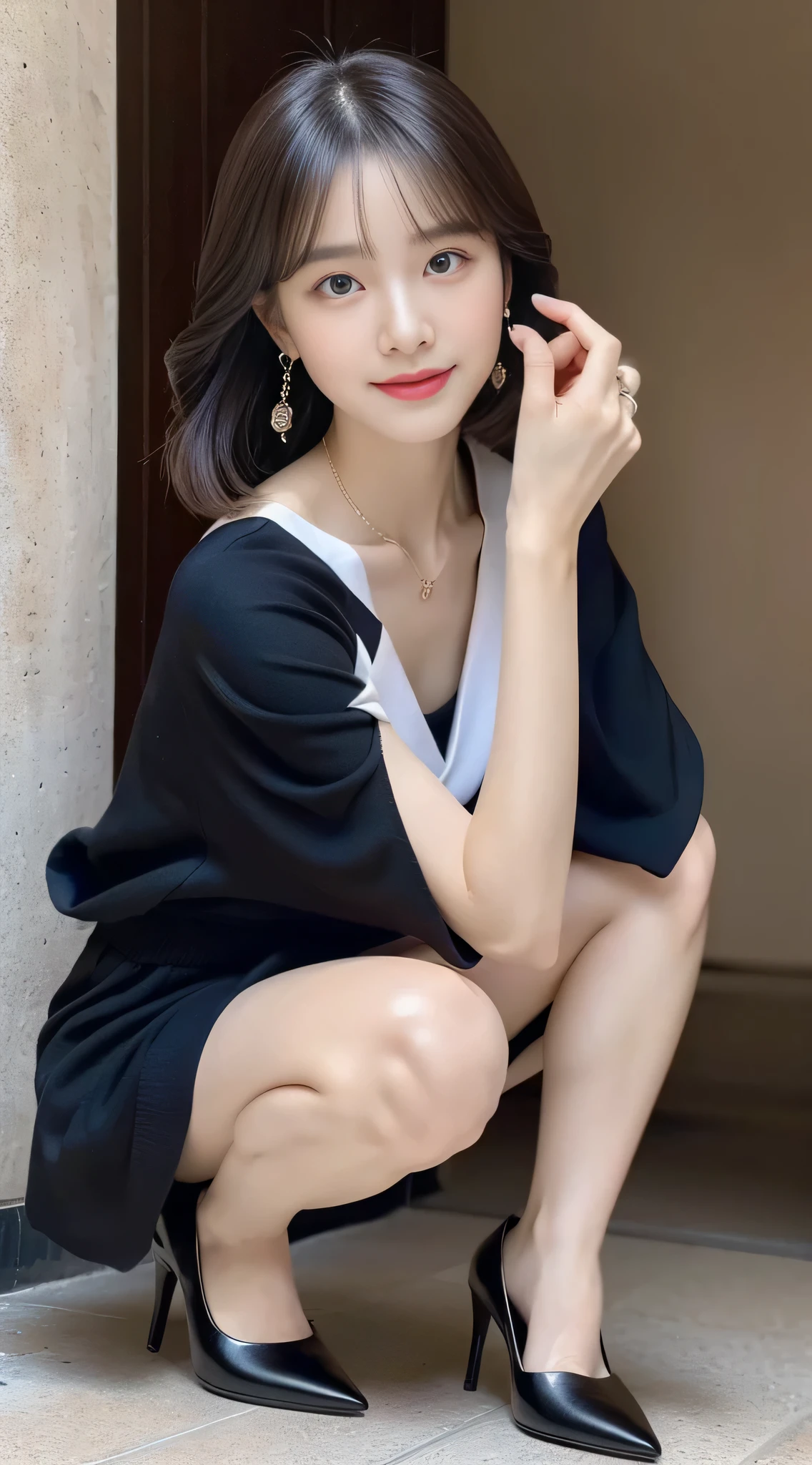 (((32k,very high resolution, high detail, Highly accurate,masterpiece girl 1))),original photo & realistic atmosphere,beauty的深蓝色眼睛,detailed mouth,glossy lips,detailed eyebrows,soft, White skin,Every detail sparkles,,Detailed drawing of eyes、非常beauty的眼睛,blue eyes,detailed mouth唇、Super detailed very nice face,The face shape is very good、lifelike face,闪亮beauty的嘴唇,beauty的眉毛,infinite reality,best design,(疯狂可爱清醒humble的日本22岁女孩,,toned body,thighs thighs thighs thighs,Slender legs,beauty的乳房形状,非常可爱beauty的女孩,:1.5),Best nature Makeup,Japan idol,korean idol,Young sensual idol,moist eyes,black eyes,beauty的屁股,beautiful legs,,camel'foot,:1.3),ultra high resolution、,nature, realistic face,backlight,Eyes so cute,(((photorealism,Take full-body photos))),,Realistic reality,(Simple earrings,Necklace arm,watch,glossy manicure,Girly clothing,Simple, neat, dark color, universal coordination for adults,spring long coat,woman'shirt,很beauty的连衣裙,humble, beauty, Fashion and fashion,High heel,Berry Short Hair,alone,,Whole BodyEsbian:1.7),(Show your full body fashion,You can see the pants squatting in front through the skirt,a little fat,faint smile,The face is very young,a :1.8)