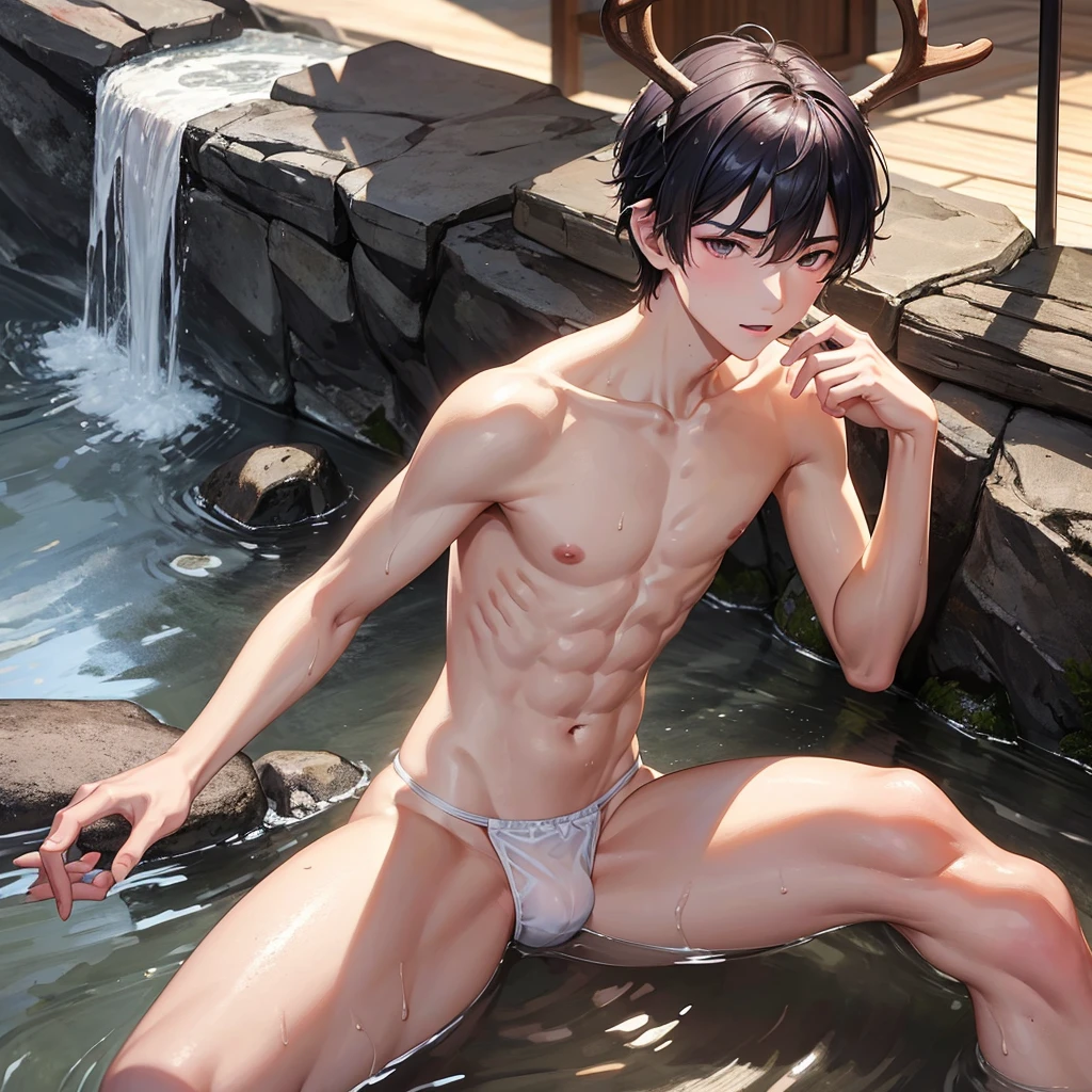 15-year-old boy , thin, Slim body, Very white skin,high, Asia, I have a little six-pack., sexy, Onsen, Wearing Fundoshi, There are deer antlers on the head., Looks excited. ,pink nipples, I'm a little wet.