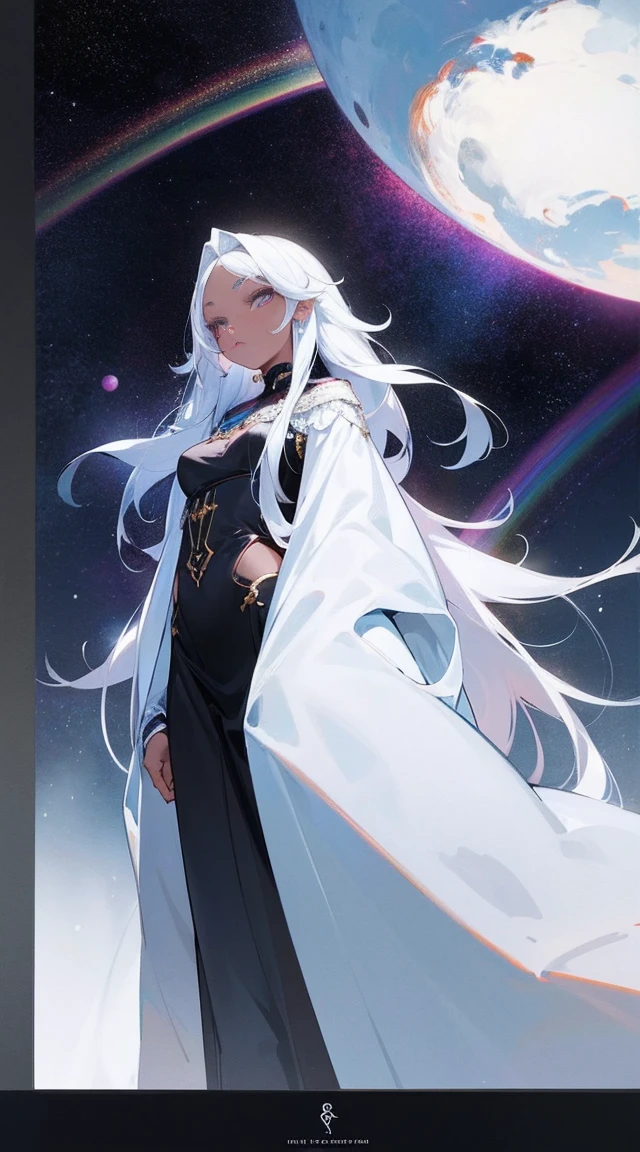 black woman, skin reference pantone black 3 C, 50 years, long snow-white hair, rainbow color eyes, wearing a fine shiny silk fabric. The background is a hall of the universe. 8k, best quality masterpiece.
