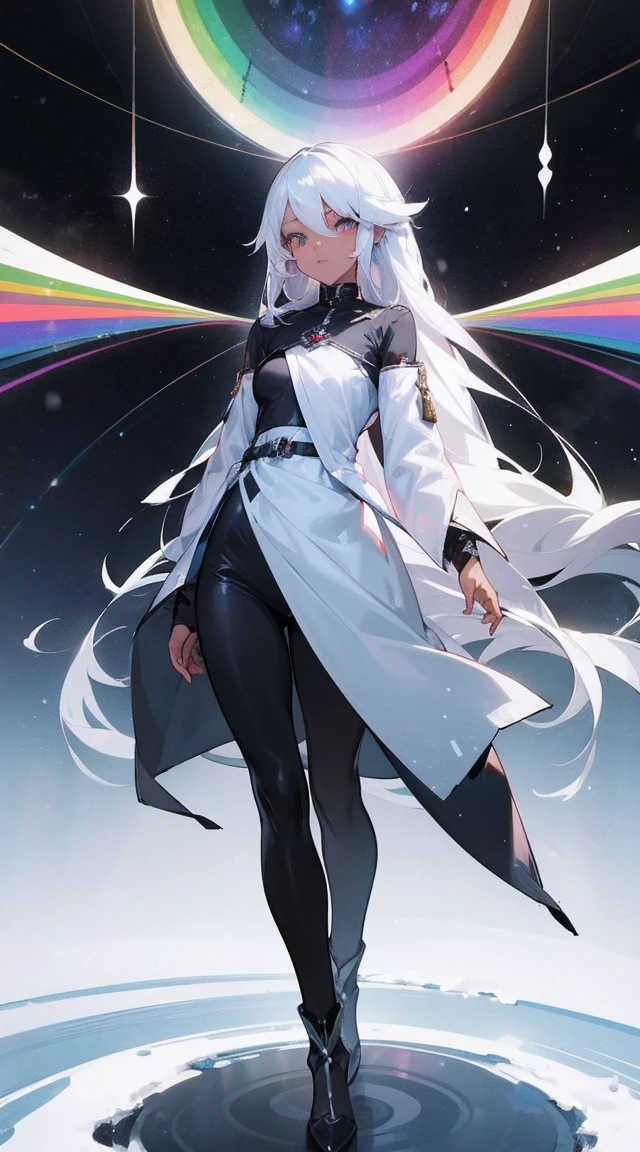 black woman, skin reference pantone black 3 C, 50 years, long snow-white hair, rainbow color eyes, wearing a fine shiny silk fabric. The background is a hall of the universe. 8k, best quality masterpiece.