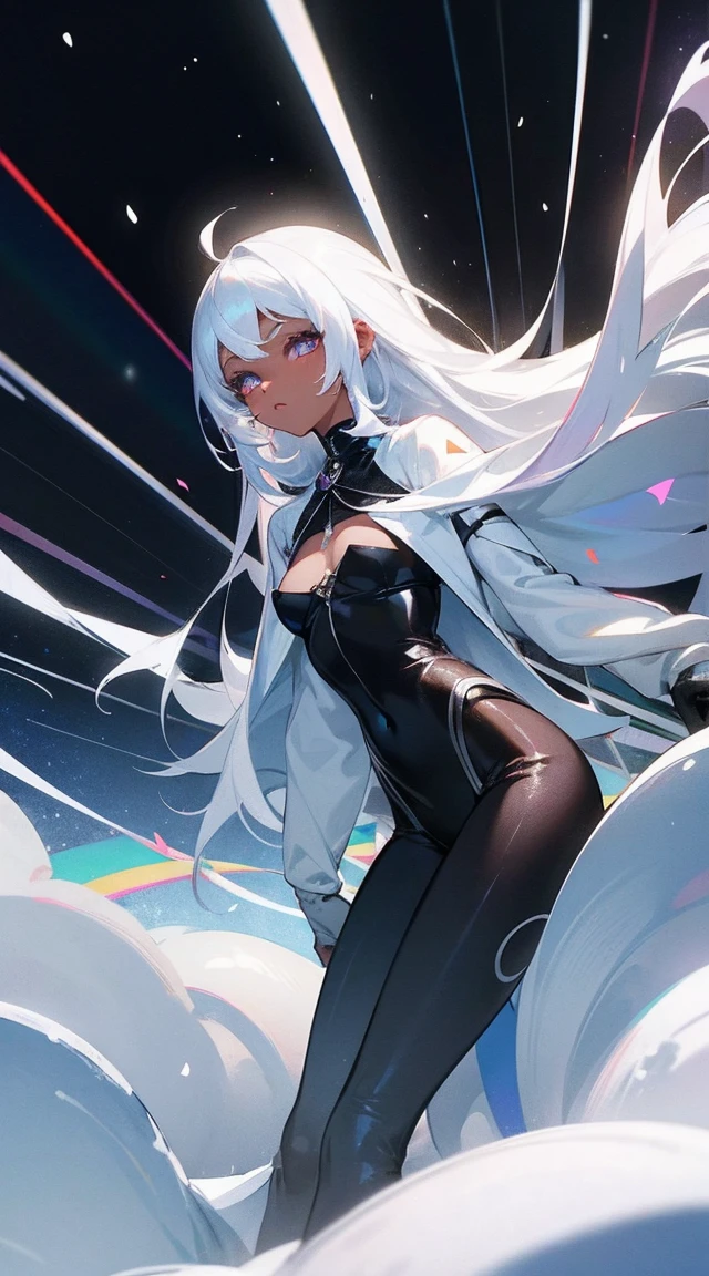 black woman, skin reference pantone black 3 C, 50 years, long snow-white hair, rainbow color eyes, wearing a fine shiny silk fabric. The background is a hall of the universe. 8k, best quality masterpiece.