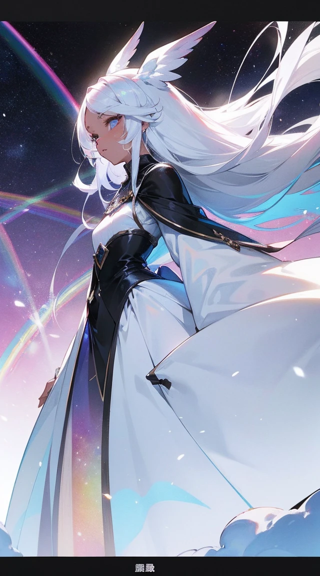 black woman, skin reference pantone black 3 C, 50 years, long snow-white hair, rainbow color eyes, wearing a fine shiny silk fabric. The background is a hall of the universe. 8k, best quality masterpiece.