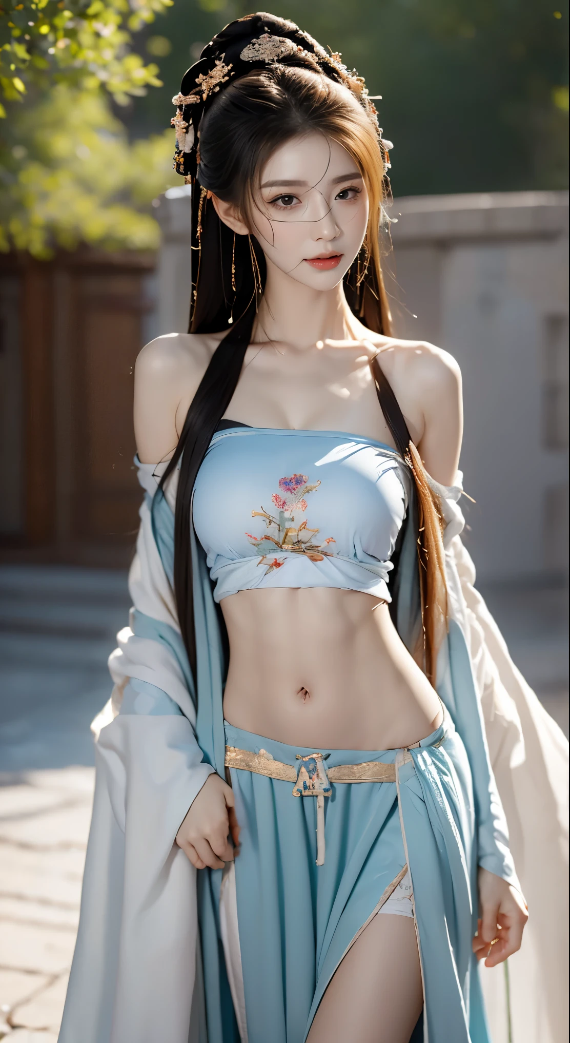 best picture quality,Very detailed,extremely high resolution,perfect body proportions,Works by top photographers。Beautiful Hanfu girl,long eyelashes,big eyes,shining eyes,lying silkworm,plump lips,small nose,a happy expression,Sweet,Exquisite makeup,full-body shot,snow White, Jade legs are thin and straight,snow white skin,White embroidered skirt,necklace,Expose long legs,lace,Sweet,long hair fluttering,best quality,masterpiece,full-body shot,facial focus,The bust is very prominent,thin waist,snow white belly,belly button,imagine,Seven part shoot model: hanfu, CFG scale: 7, Lola: future fashion(0.4)、rainbow(0.4)、martial arts(0.2)、Asian face woman-2(0.4)、poetic fairy tale(0.01)