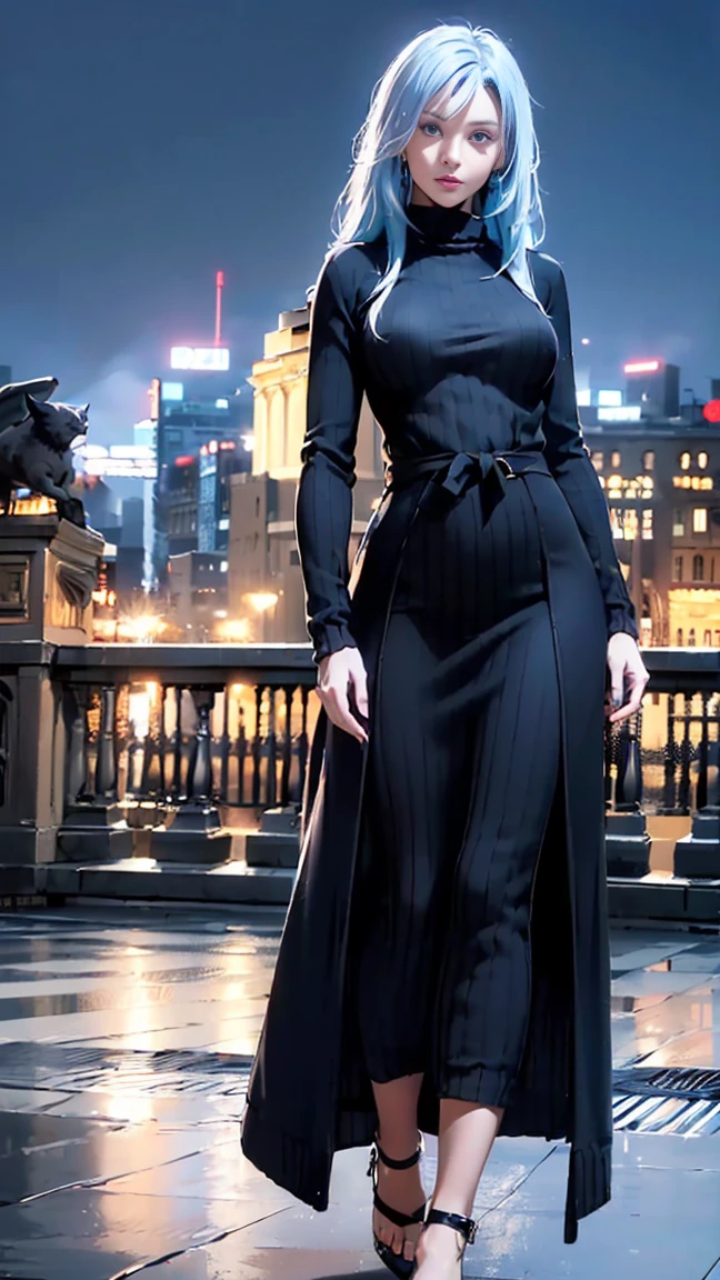 masterpiece, highest quality,(realistic: 1.4),ultra high resolution, unity 8k,symmetry, highly detailed face, perfect lighting, (perfect hands, perfect anatomy), (city background:1.3), ((black maxi knit dress:1.4, gown coat:1.3)), big breasts, thin waist, big ass, light blue hair, (long hair:1.5)