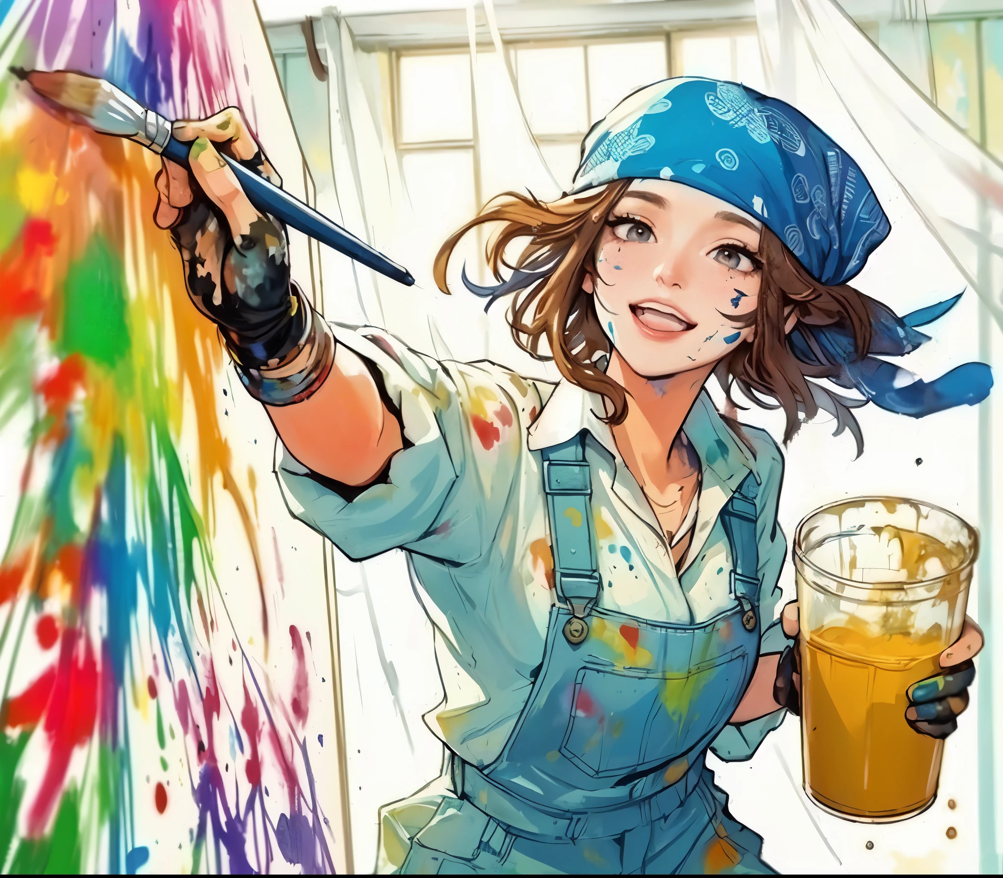 1lady solo, (painting (a spattering painting) on large white paper on the wall), (dynamic posing), (light blue jumpsuit splattered with various colors of paint) stylish, mature female, /(brown hair/) bangs (bandana:1.1), blush happy smile (energetically:1.1) teeth, (smeared with paints), (masterpiece best quality:1.2) delicate illustration ultra-detailed, large breasts BREAK (spattering painting) (ink splatter:1.1), (primary colors), (painting brush), (palette of paints) BREAK (artist's studio indoors), (ink splatter)