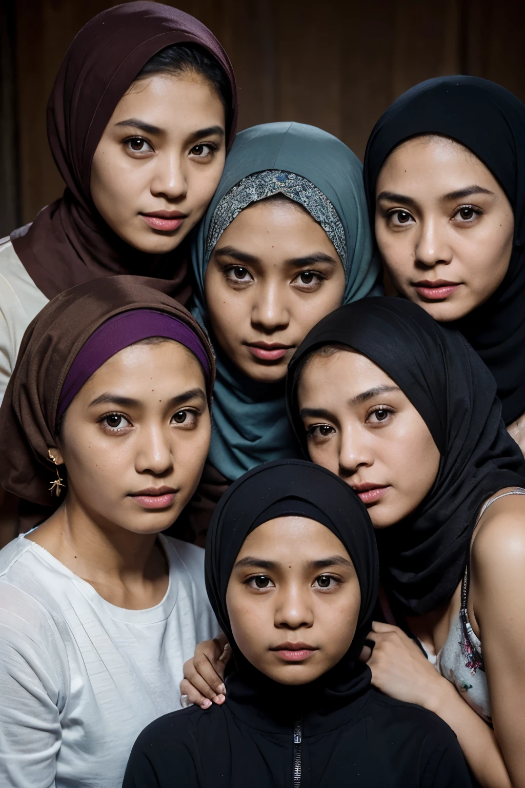 photostudio,family from indonesian,a 40 year old man with shaved hair at the top, a 40 year old woman wearing a hijab, and 2 girls aged years and 10ears old wearing the hijab