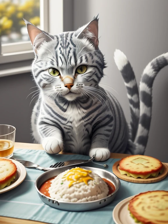 fotografia em close-up de (Gray tabby cat is preparing food on the table:1.2), (c4ttitude:1.3), na cozinha glasstech, detalhes hiper realistas e intrincados, (nebuloso:1.1), pov de baixo