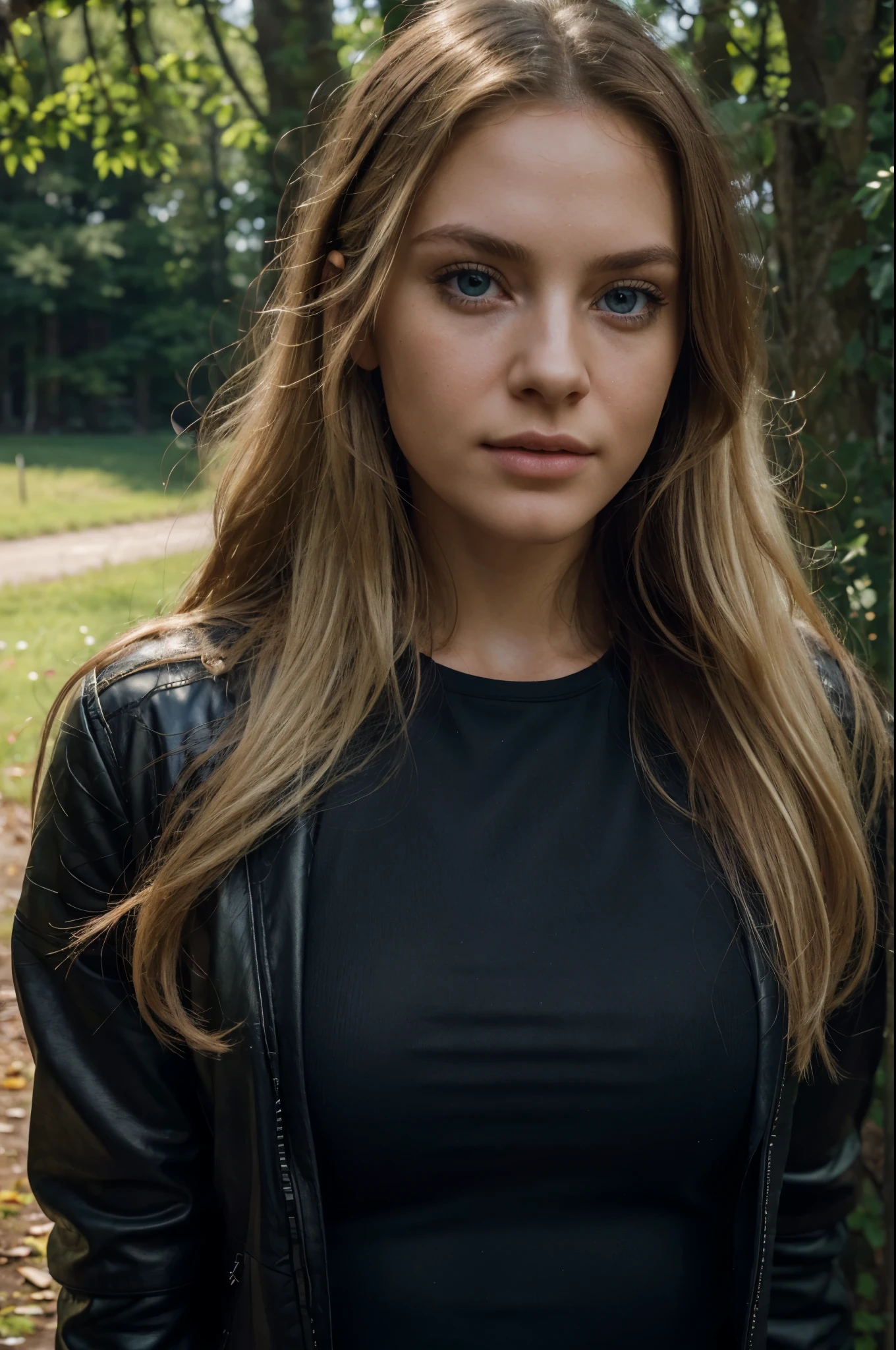 RAW, selfie photograph,((best quality)), ((masterpiece)), ((realistic)), gorgeous european woman wearing black pants and leather jacket, 24 year old, (long blonde hair), blue eyes, outdoor, trees, Sun, detailed photograph, innocent, (freckles:0.6), intricate details, highly detailed, sharp focus, professional, 4k, god rays, stunning blue eyes, , delicate, innocent, highres, detailed facial features, high detail, sharp focus, smooth, aesthetic, extremely detailed, photo_\(ultra\), photorealistic, realistic, post-processing, max detail, roughness, real life, ultra realistic, photorealism, photography, 8k uhd, photography, SEMI-SILHOUETTE light, european face, full body