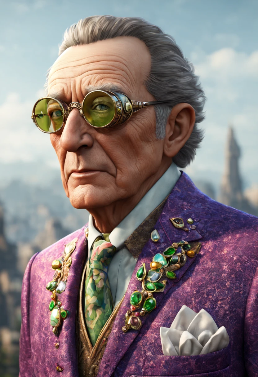An older man with green eyes and a colorful suit adorned with gemstones and beads. He wears ornate goggles and has a lizard perched on his shoulder. Detailed face, detailed eyes, detailed nose, detailed mouth, high_resolution, hdr, hd, 8k, cinematic,photography, photorealistic, photorealism, hyperdetailed, illustrations, illustrating,clear skin,uhd, ultra-realistic, realism, realistic, best lighting, colour,high quality, unreal engine, epic realism, detailed, best design, detailed graphics, high_contrast, super detailed, ((masterpiece)),hyper-realistic,ultra_detailed,high_definition,professional SLR camera,volumetric lights.