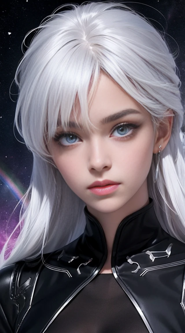 black woman, skin reference pantone black 3 C, 50 years, long snow-white hair, rainbow color eyes, wearing a fine shiny silk fabric. The background is a hall of the universe. 8k, best quality masterpiece.