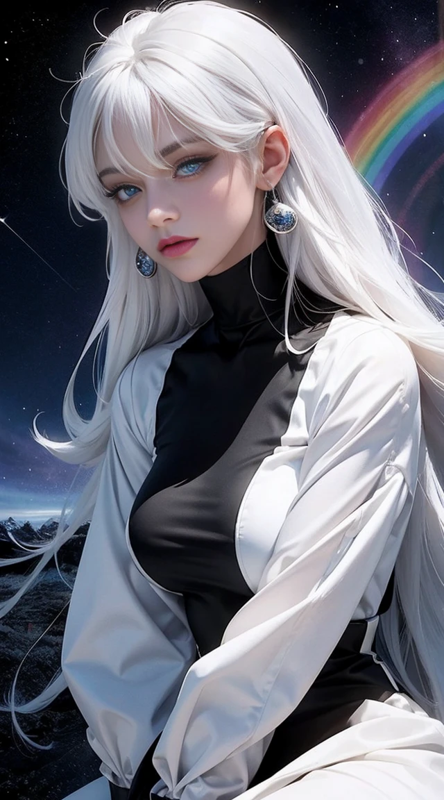 black woman, skin reference pantone black 3 C, 50 years, long snow-white hair, rainbow color eyes, wearing a fine shiny silk fabric. The background is a hall of the universe. 8k, best quality masterpiece.
