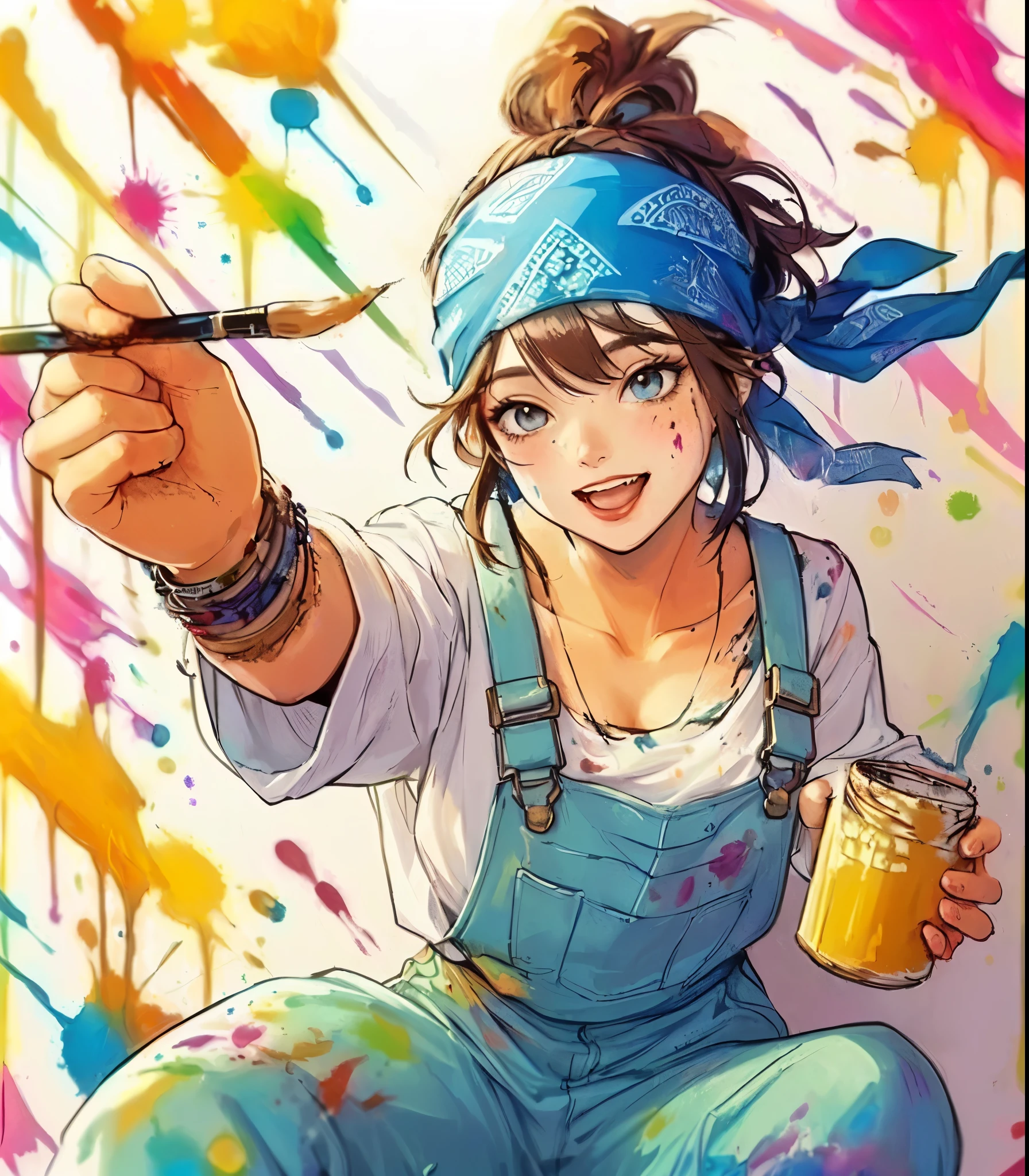 1lady solo, (painting (a spattering painting) on large white paper on the wall), (dynamic posing), (light blue jumpsuit splattered with various colors of paint) stylish, mature female, /(brown hair/) bangs (bandana:1.1), blush happy smile (energetically:1.1) teeth, (smeared with paints), (masterpiece best quality:1.2) delicate illustration ultra-detailed, large breasts BREAK (spattering painting) (ink splatter:1.1), (primary colors), (painting brush), (palette of paints) BREAK (artist's studio indoors), (ink splatter)