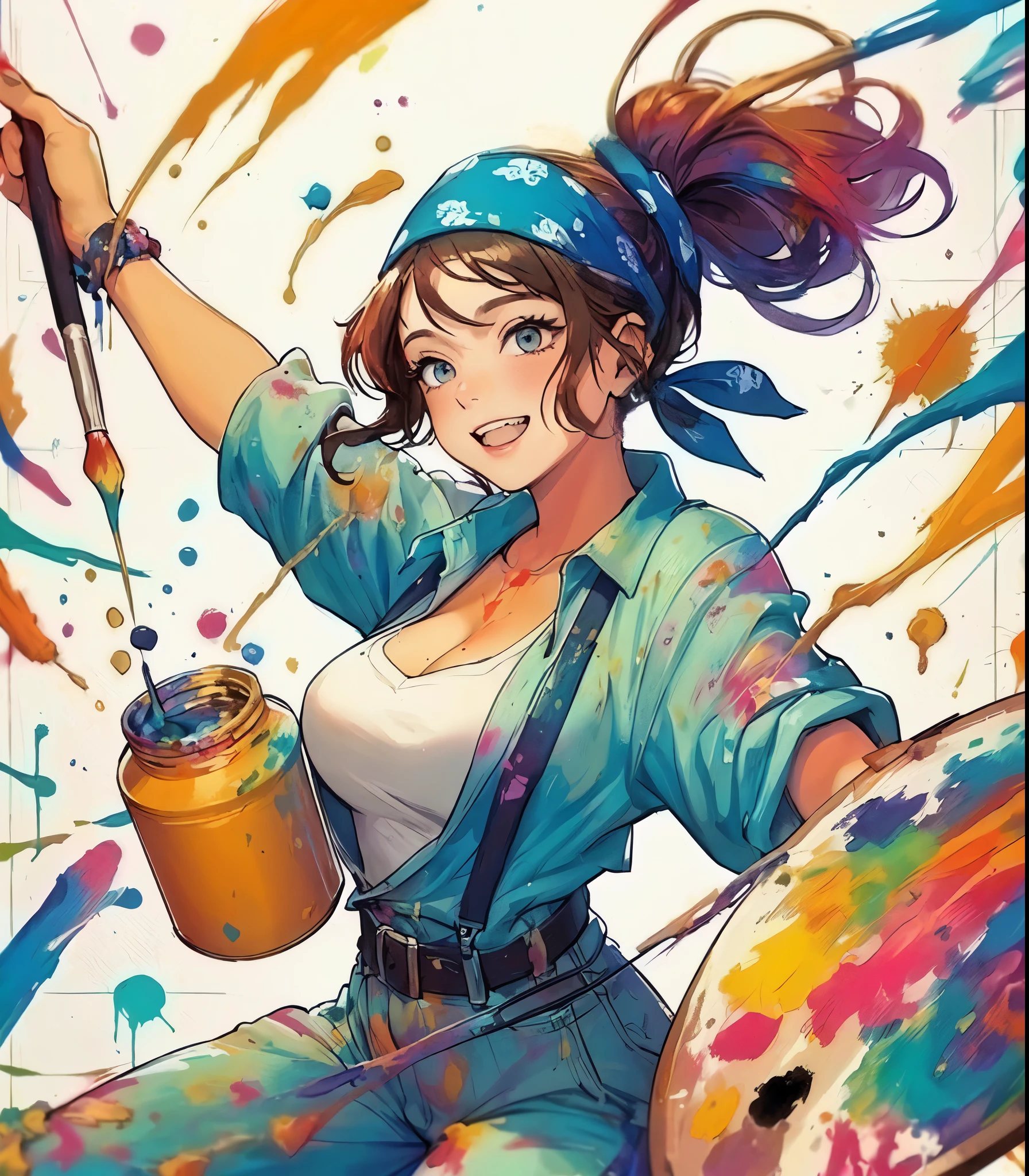 1lady solo, (painting (a spattering painting) on large white paper on the wall), (dynamic posing), (light blue jumpsuit splattered with various colors of paint) stylish, mature female, /(brown hair/) bangs (bandana:1.1), blush happy smile (energetically:1.1) teeth, (smeared with paints), (masterpiece best quality:1.2) delicate illustration ultra-detailed, large breasts BREAK (spattering painting) (ink splatter:1.1), (primary colors), (painting brush), (palette of paints) BREAK (artist's studio indoors), (ink splatter)